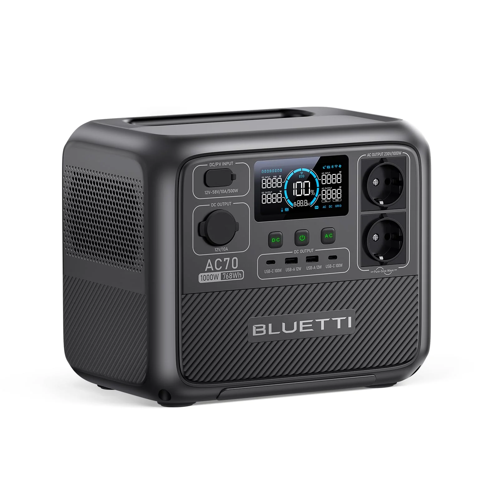 BLUETTI Tragbare Powerstation AC70, 768Wh LiFePO4 Solargenerator mit 2 1000W (Power Lifting 2000W) A