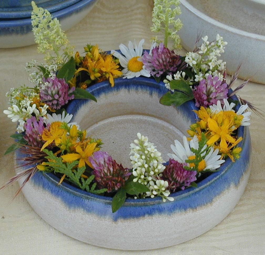 Blumenring beige-blau, handgetöpfert, 13 cm Durchmesser, Steinzeug - Image 3