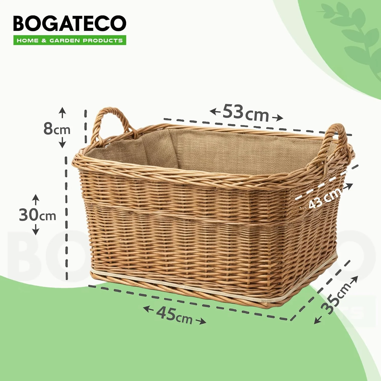 BOGATECO Kaminholzkorb Weide Rechteckig 53x43 cm, Stabiler Brennholzkorb mit Sperrholzboden und Jute - Image 2