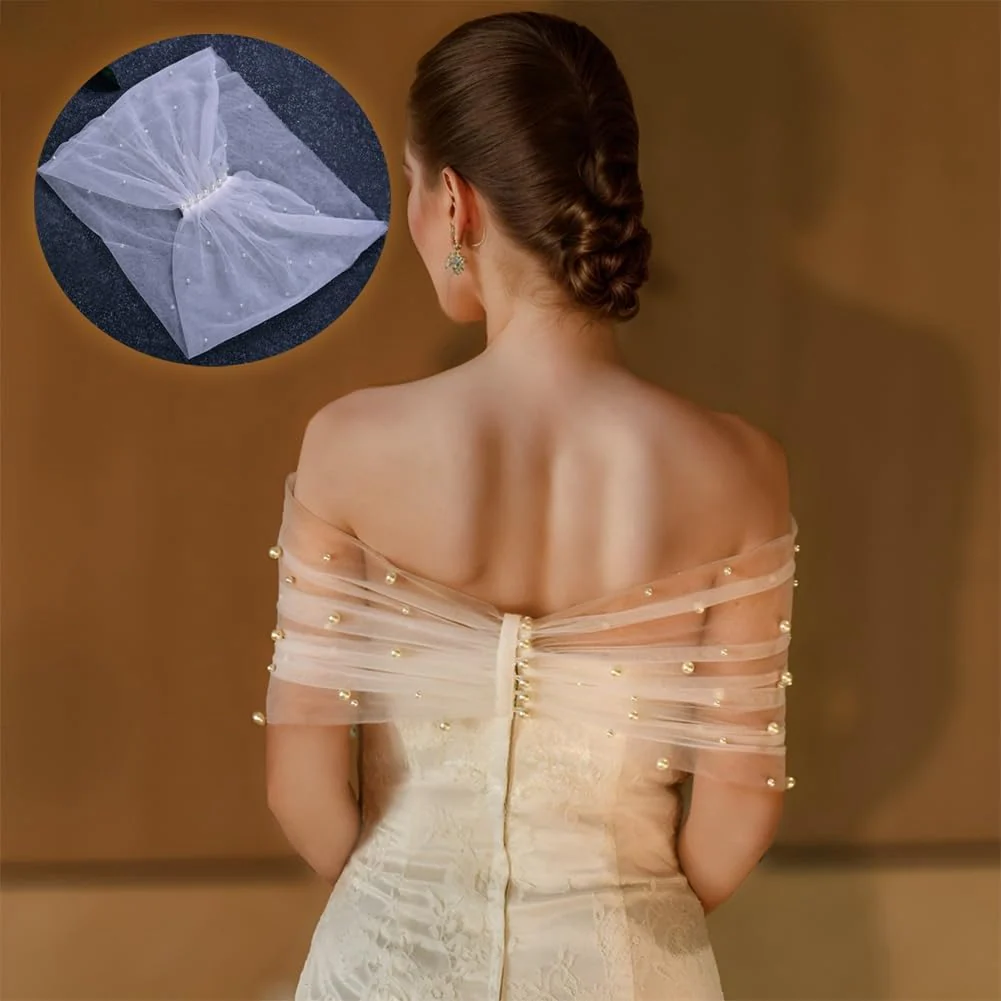 Bolero Umhang Spitze Hochzeitsschal Brautumhang Wickelstola mit Kunstperlen Schnalle Schulterfreier - Image 5