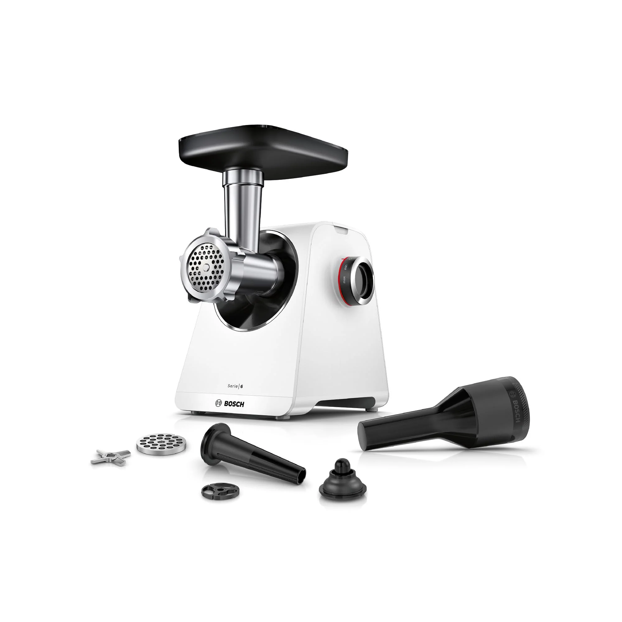 Bosch MultiPower Serie 6 Fleischwolf MFWS607W, 2 Lochscheiben (4,5 und 8 mm), Edelstahl, spülmaschin