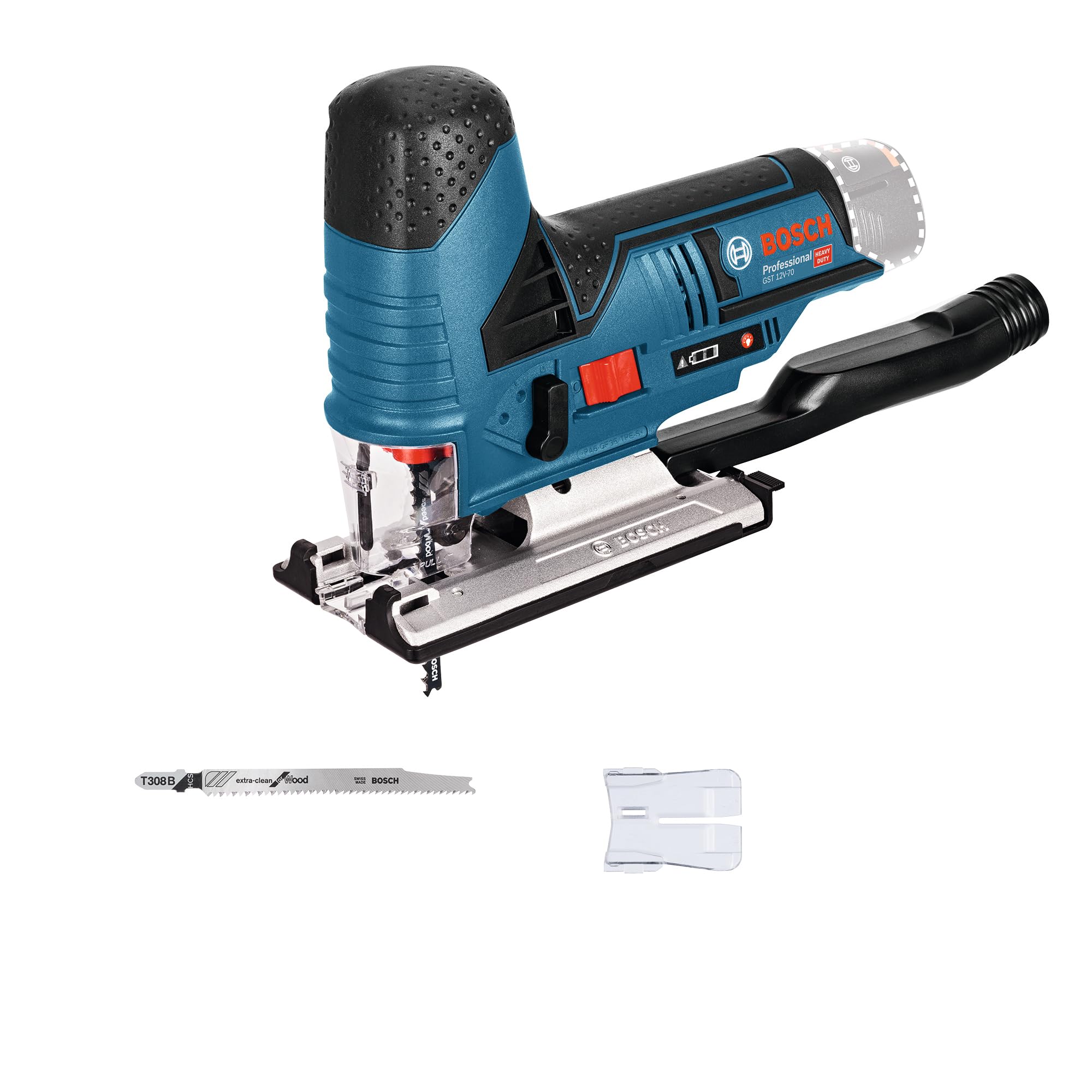 Bosch Professional 12V System Akku Stichsäge GST 12V-70 (2x Sägeblatt, Gleitschuh, Spanreissschutz,