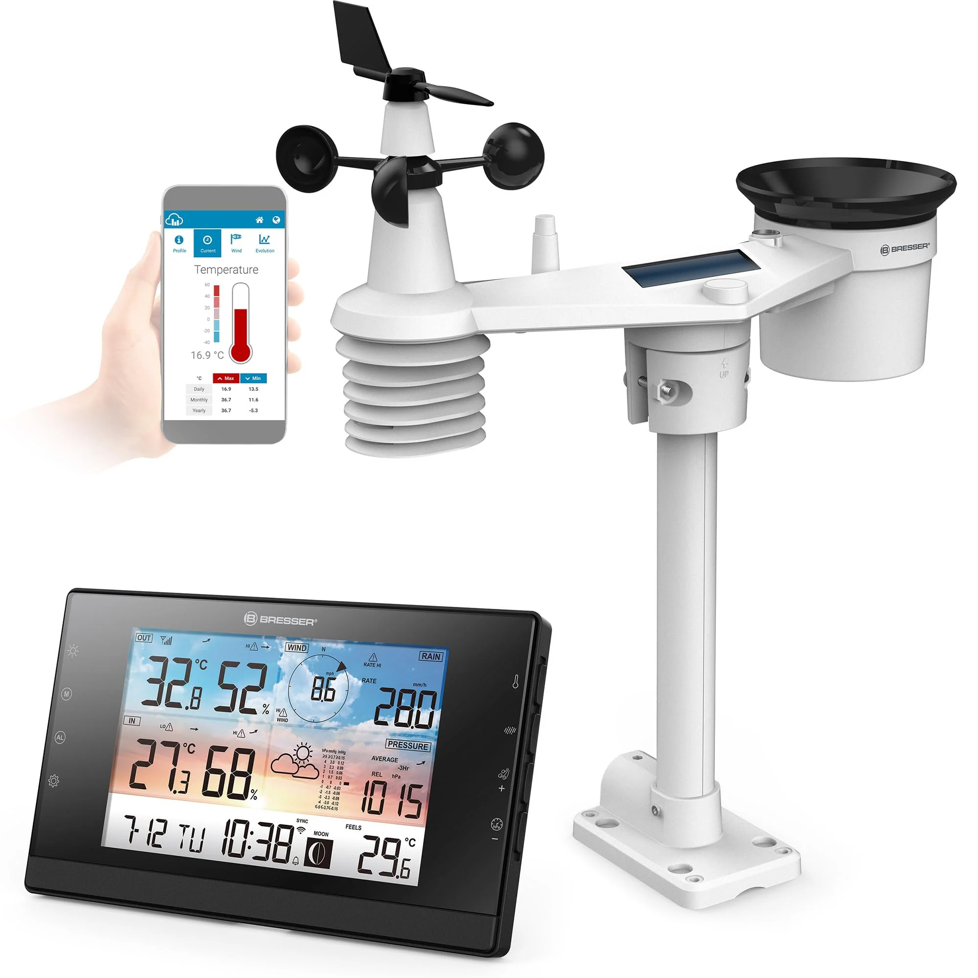 Bresser Wetterstation Funk mit Aussensensor - WLAN-Wettercenter WSC mit 5-in-1-Multi-Sensor inkl. ba
