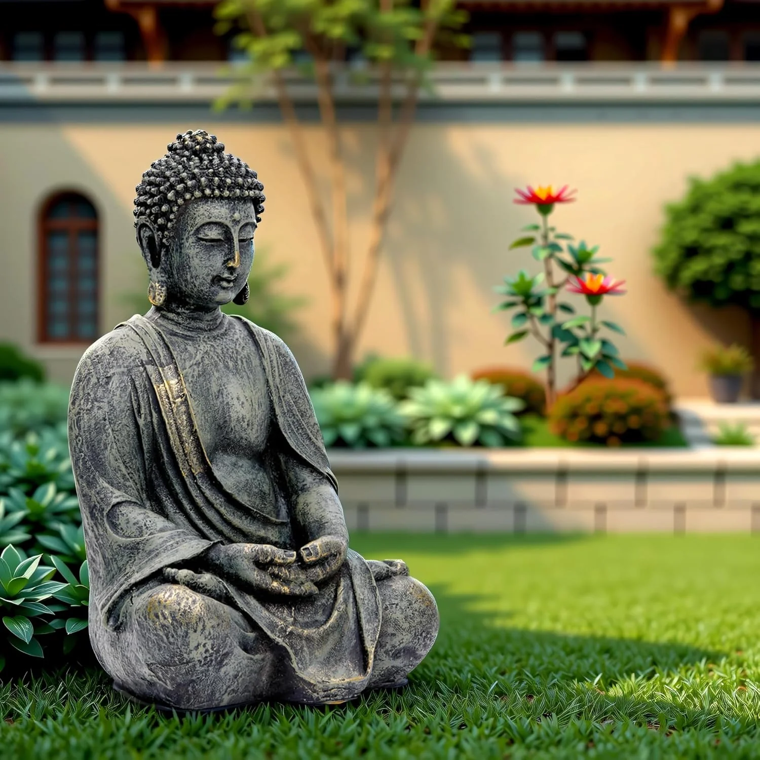 Buddha Figur Garten Gross 38cm - Sitzende Buddha Statue Wetterfest & Frostsicher aus Polyresin - Gar - Image 4