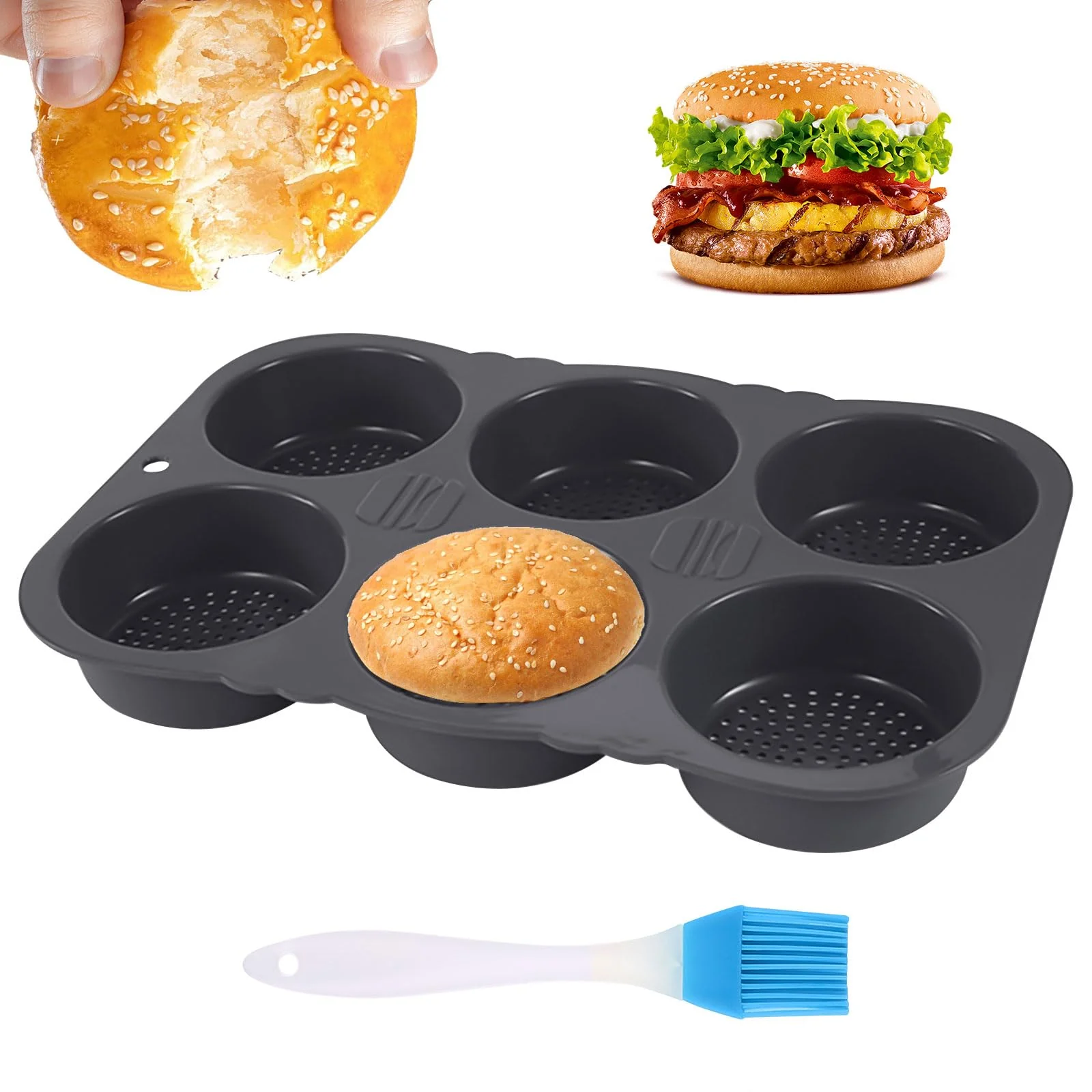 Burger Buns Backform, Brötchenbackformen Rund 10cm Ø Silikon Perforierte mit 6 Hohlräumen Brötchen B