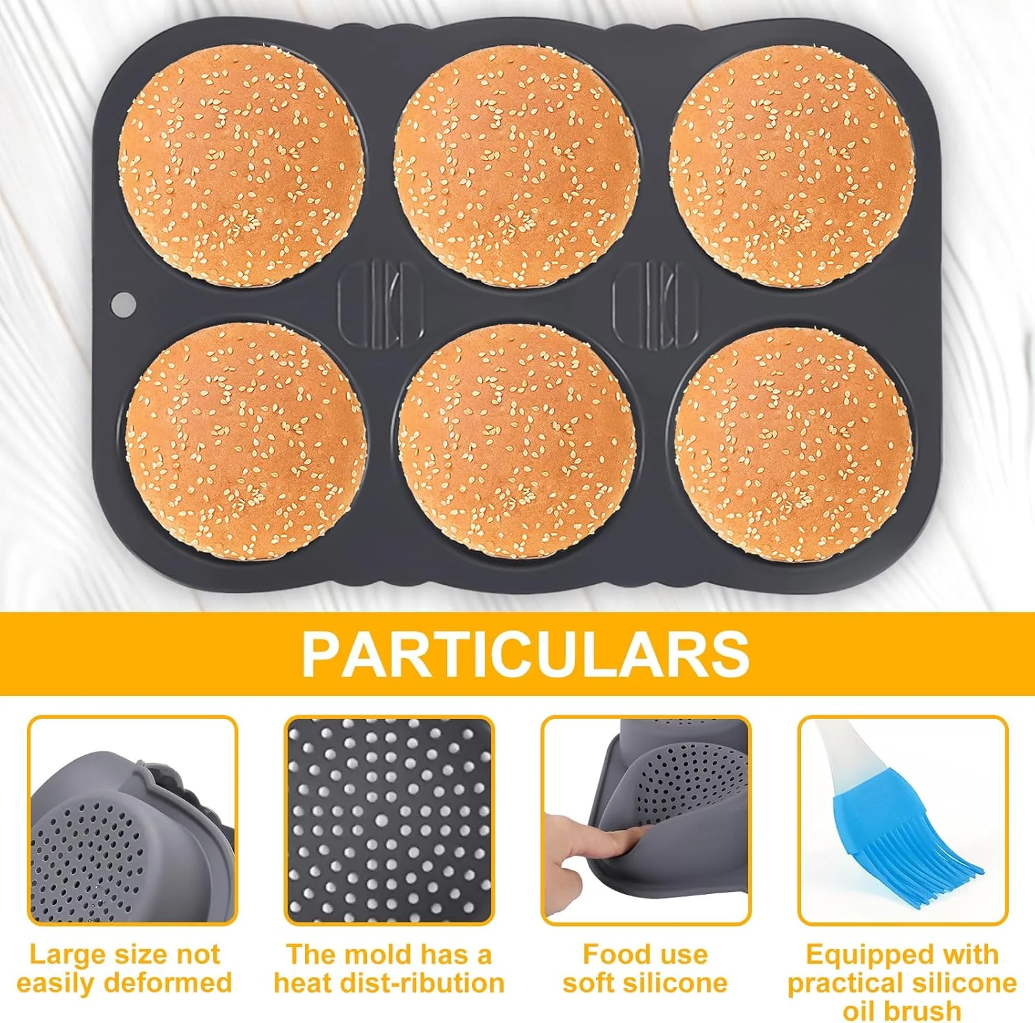 Burger Buns Backform, Brötchenbackformen Rund 10cm Ø Silikon Perforierte mit 6 Hohlräumen Brötchen B - Image 4