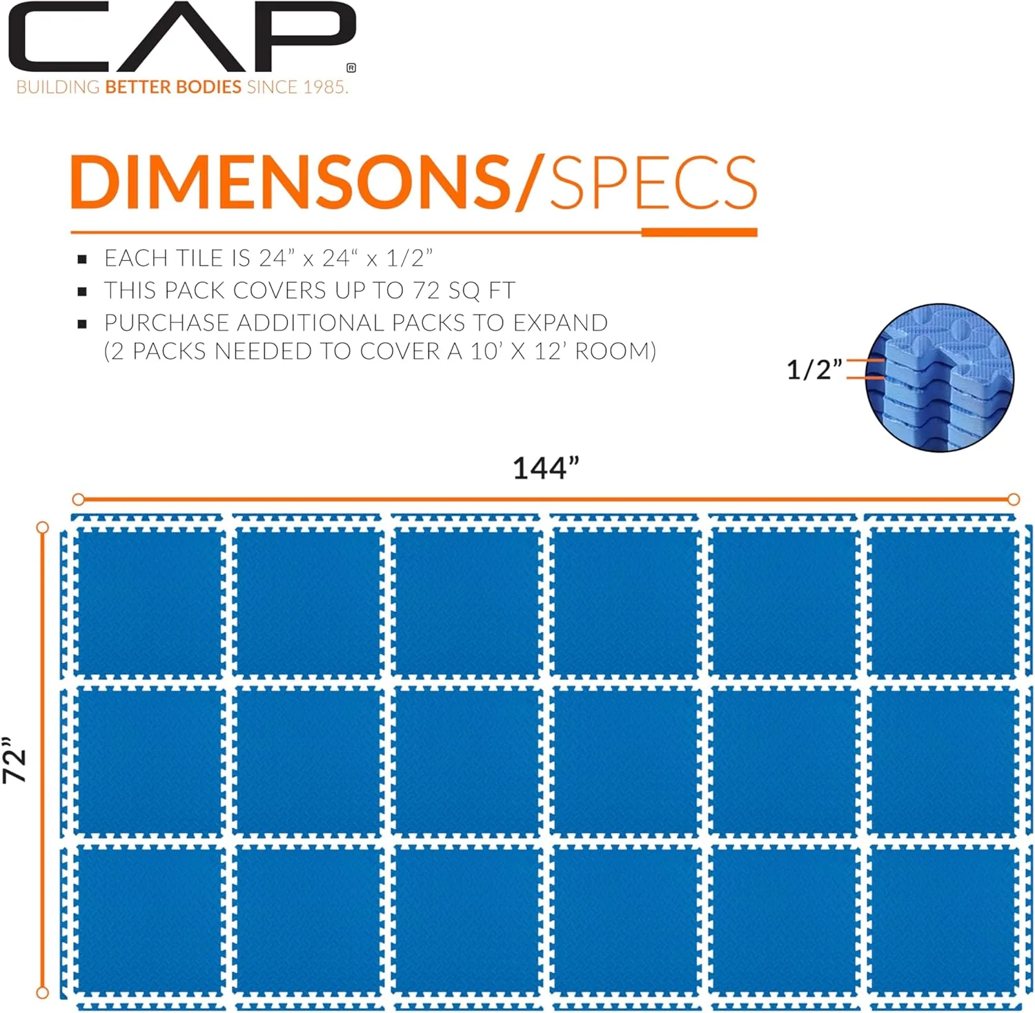 CAP Barbell Übungspuzzle-Matten, 61 x 61 x 1,27 cm, Rautenmuster, Blau, 3 Stück - Image 4
