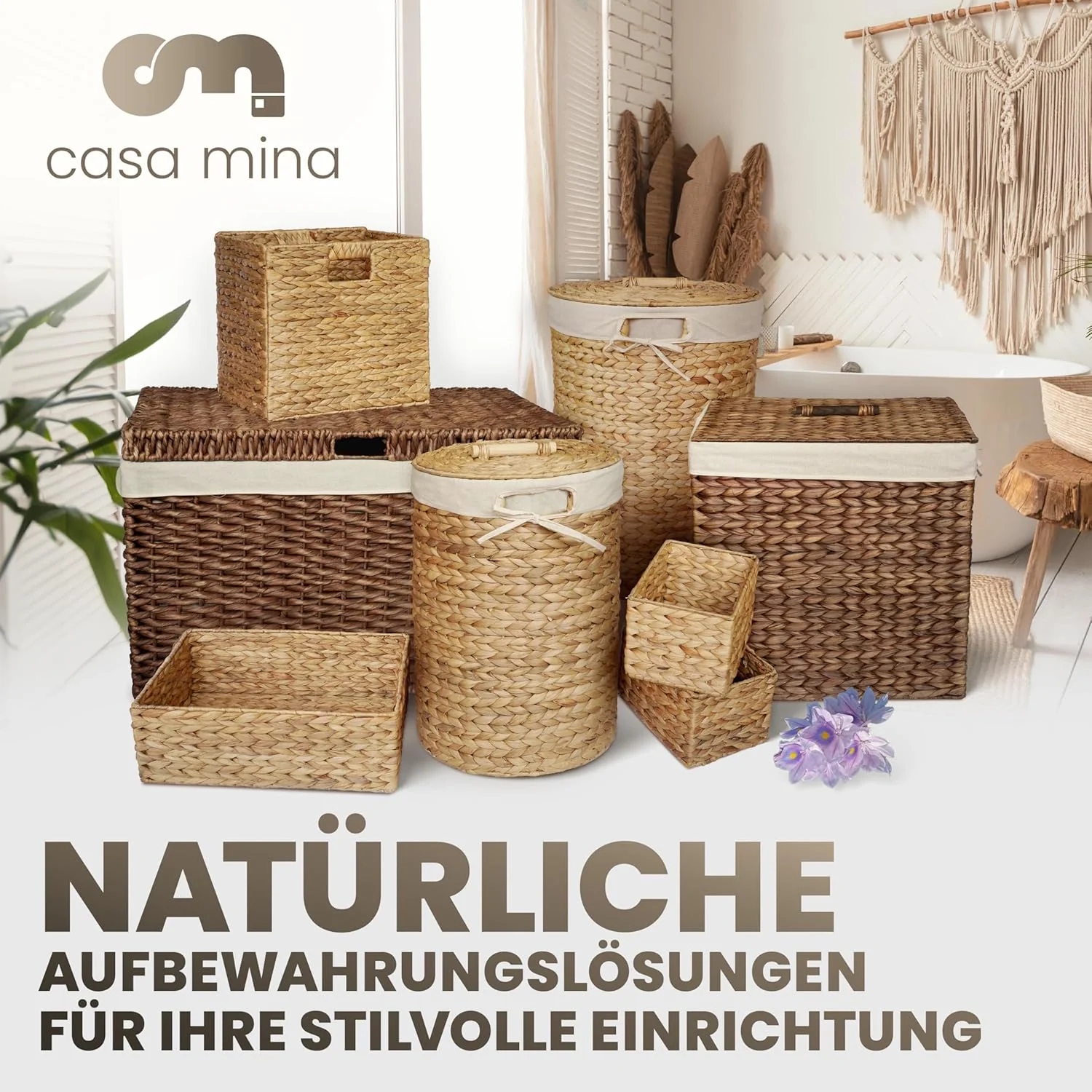 Casa Mina® Wäschekorb mit Deckel D40 x H65cm hoch I Atmungsaktiver Wäschekorb geflochten aus 100% Na - Image 7