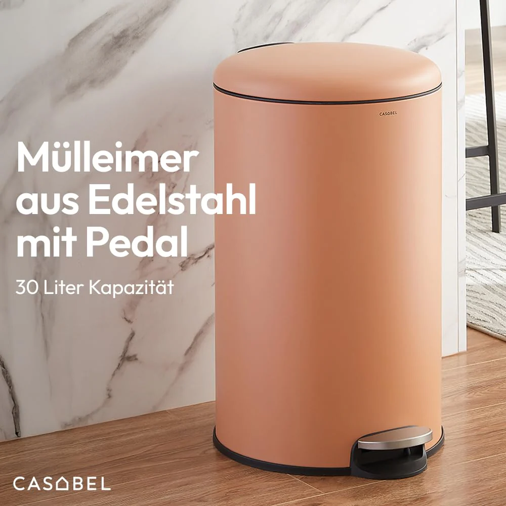 CASABEL Mülleimer Küche 30L - 100% Edelstahl, Resistent gegen Fingerabdrücke, Runder Treteimer mit F - Image 2