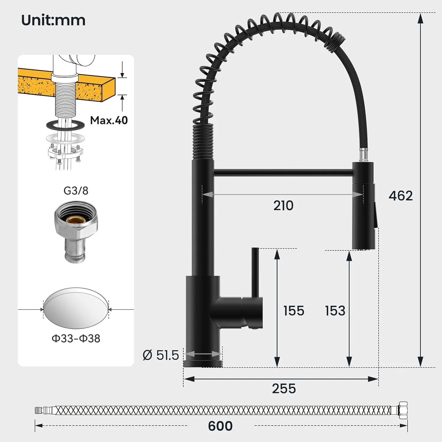CECIPA Wasserhahn Küche Schwarz, Hochdruck Küchenarmatur Mit Herunterziehbare Brause, Mischbatterie - Image 7