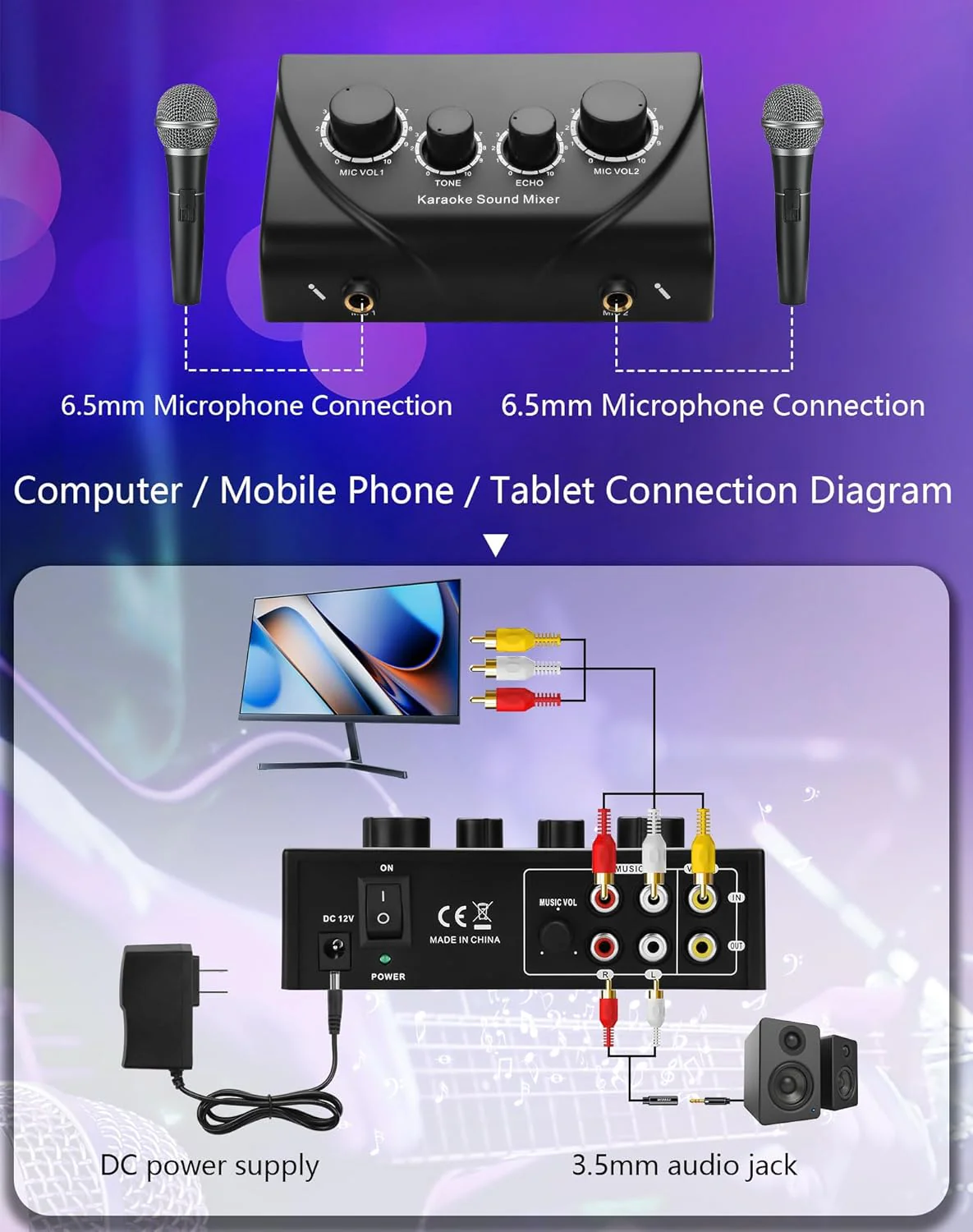 CERRXIAN Karaoke-Soundmixer, zwei Mikrofonanschlüsse mit Echo-Regler, kompatibel mit Fernseher, Comp - Image 4