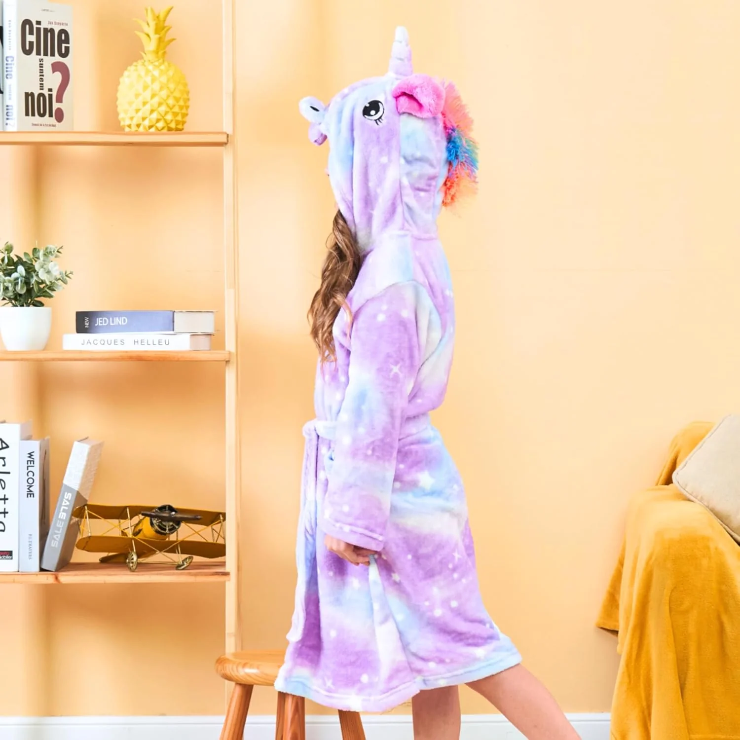 Ceruwum Einhorn Bademantel für Mädchen Weich Fleece Morgenmäntel mit Kapuze 8-9 Jahre Lila Sterne, 8 - Image 3