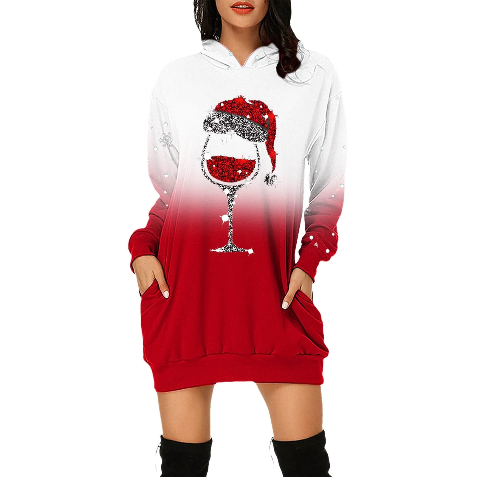 C'est TT Weihnachtskleid Damen Hoodie Langarm Hoodie Kleid Sweatkleid Long Kapuzen Sweatshirt Kleide