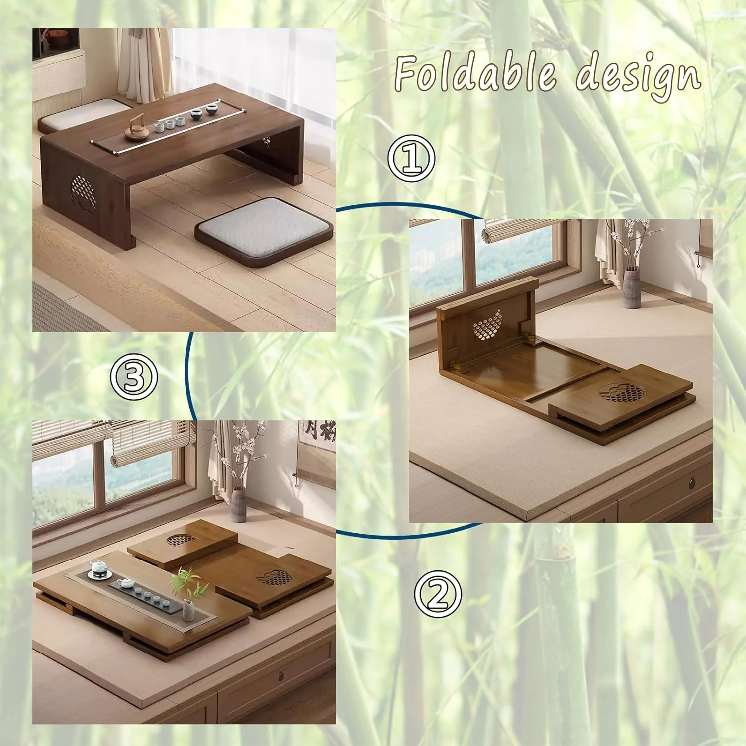 Chinesischer Tee-Bodentisch aus Bambus,japanischer faltbarer Couchtisch,Altartisch Meditation,niedri - Image 3