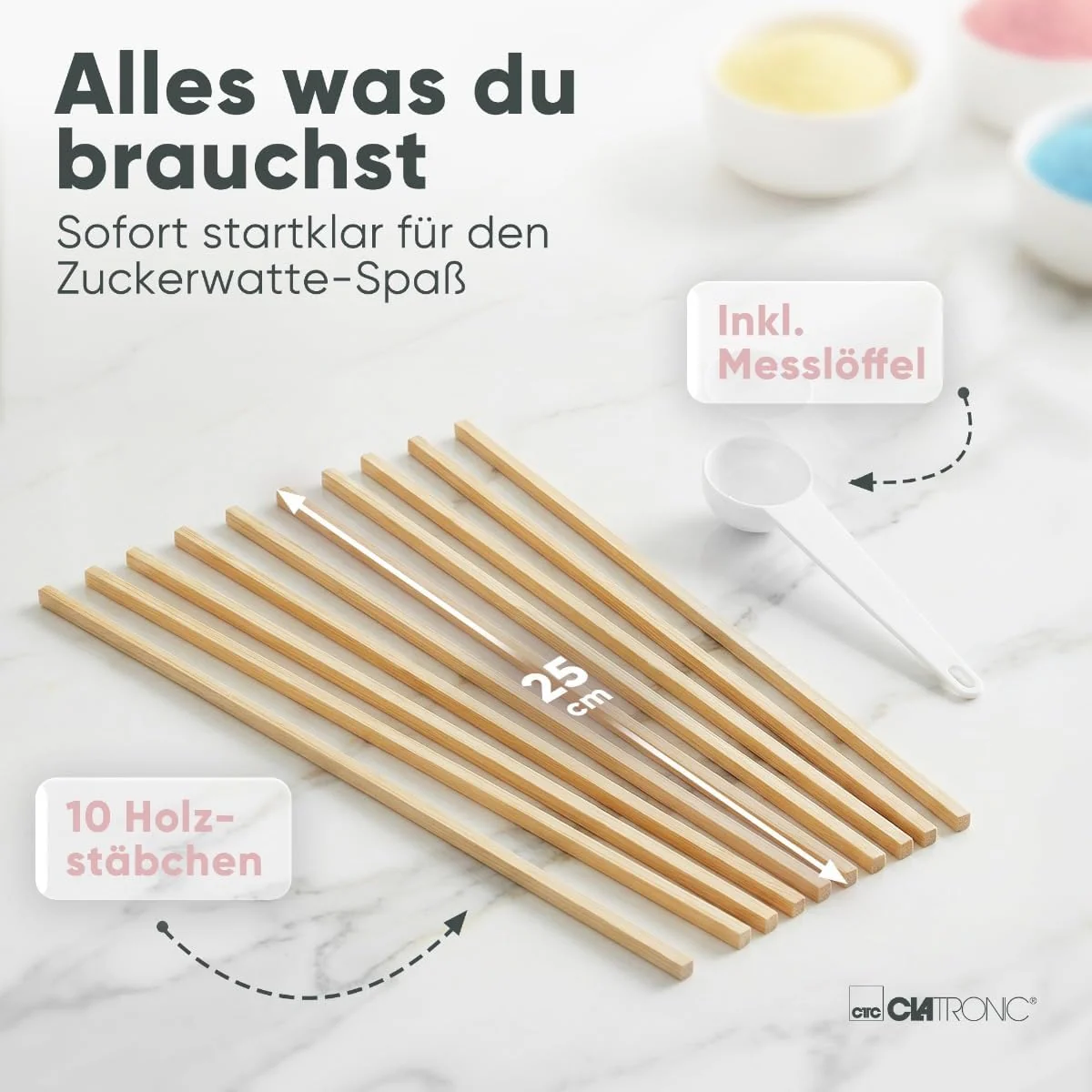 Clatronic® Zuckerwattemaschine | für Zuckerwatte in wenigen Minuten | inkl. Messlöffel und 10 Holzst - Image 4