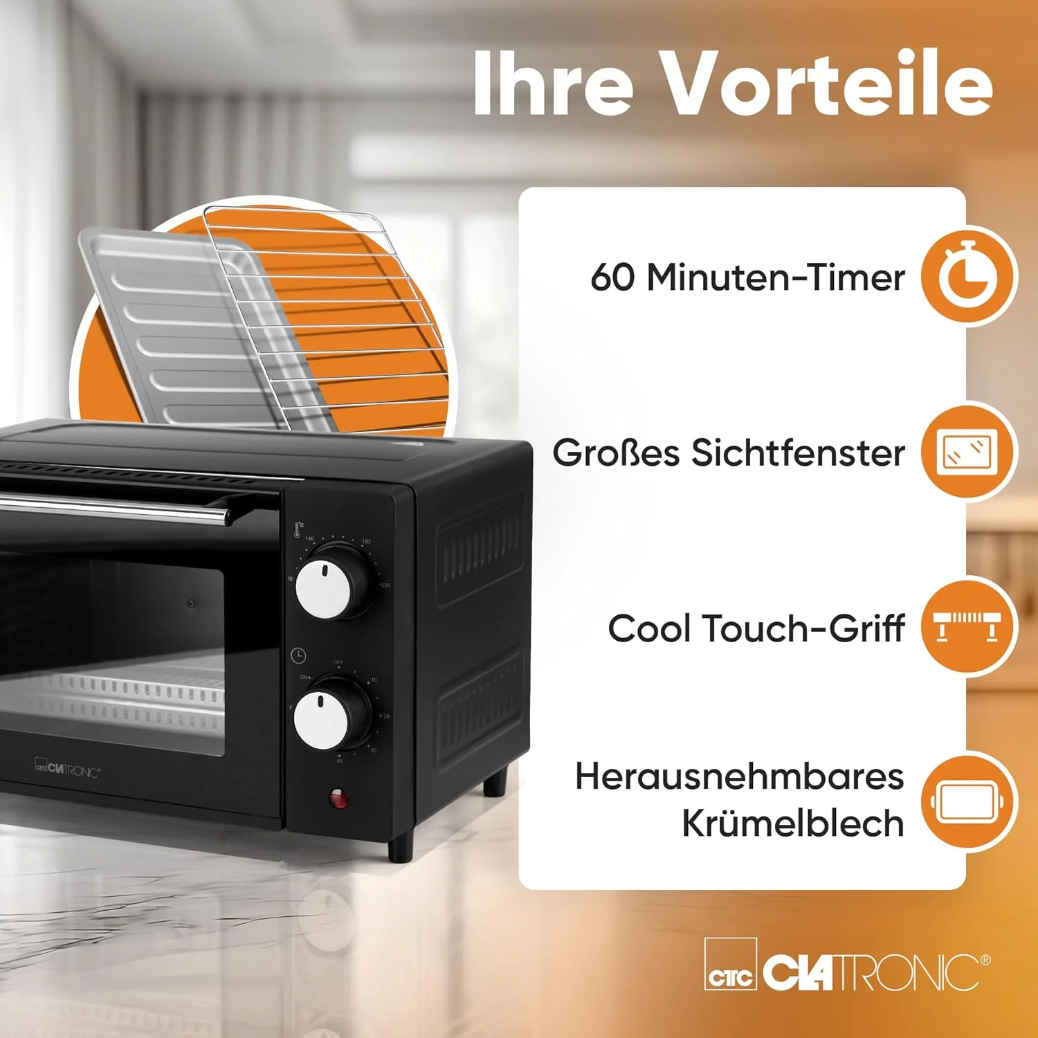 Clatronic MB 3746 Minibackofen, 8 Liter Backraum, Ober- und Unterhitze, 60 Minuten-Timer mit Endsign - Image 7