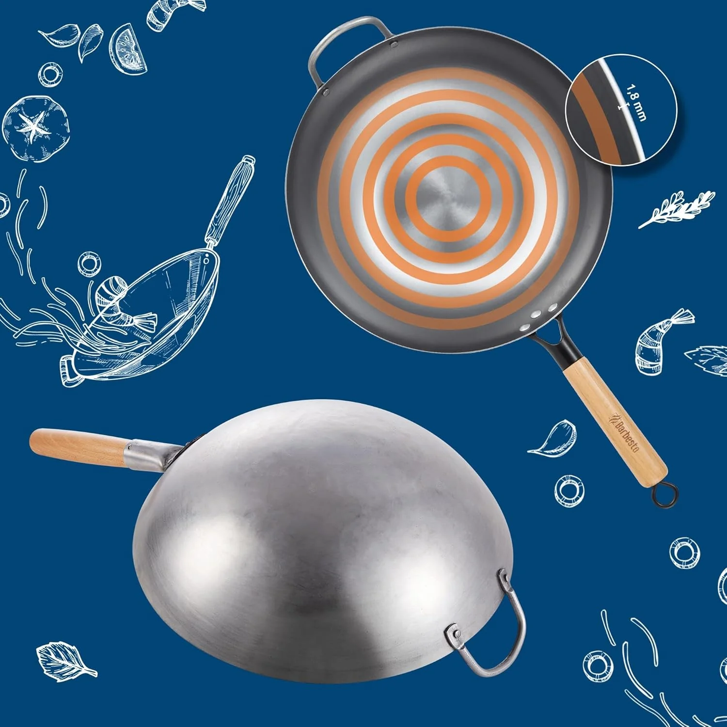 CLP Wok-Set aus Karbonstahl I Flacher oder runder Boden für Gas, Induktion und Grill I Wokpfanne mit - Image 4