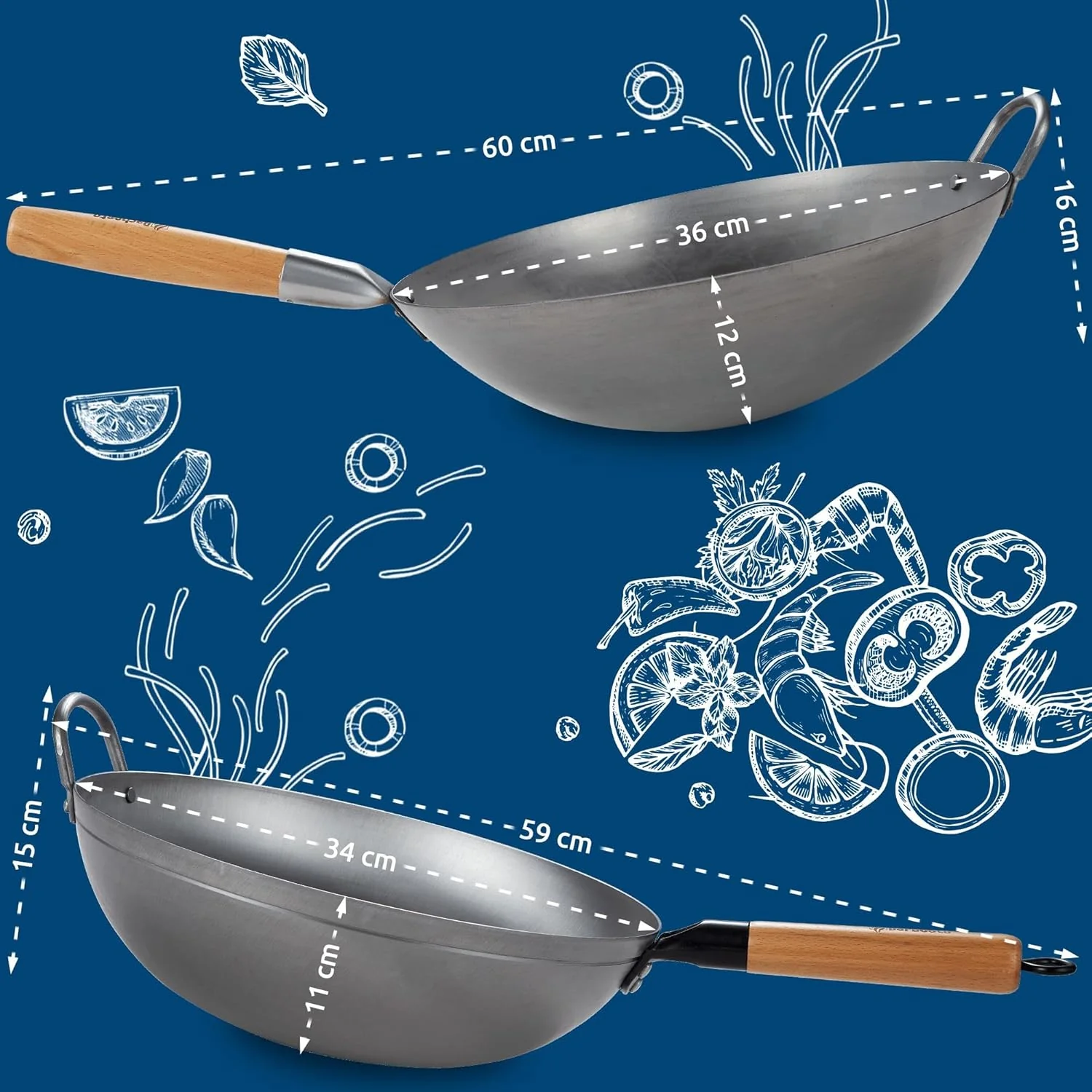 CLP Wok-Set aus Karbonstahl I Flacher oder runder Boden für Gas, Induktion und Grill I Wokpfanne mit - Image 2