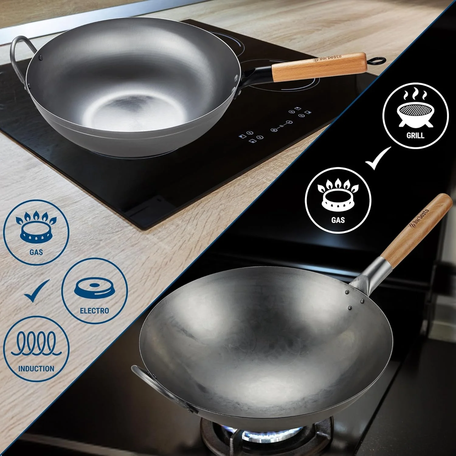 CLP Wok-Set aus Karbonstahl I Flacher oder runder Boden für Gas, Induktion und Grill I Wokpfanne mit - Image 7