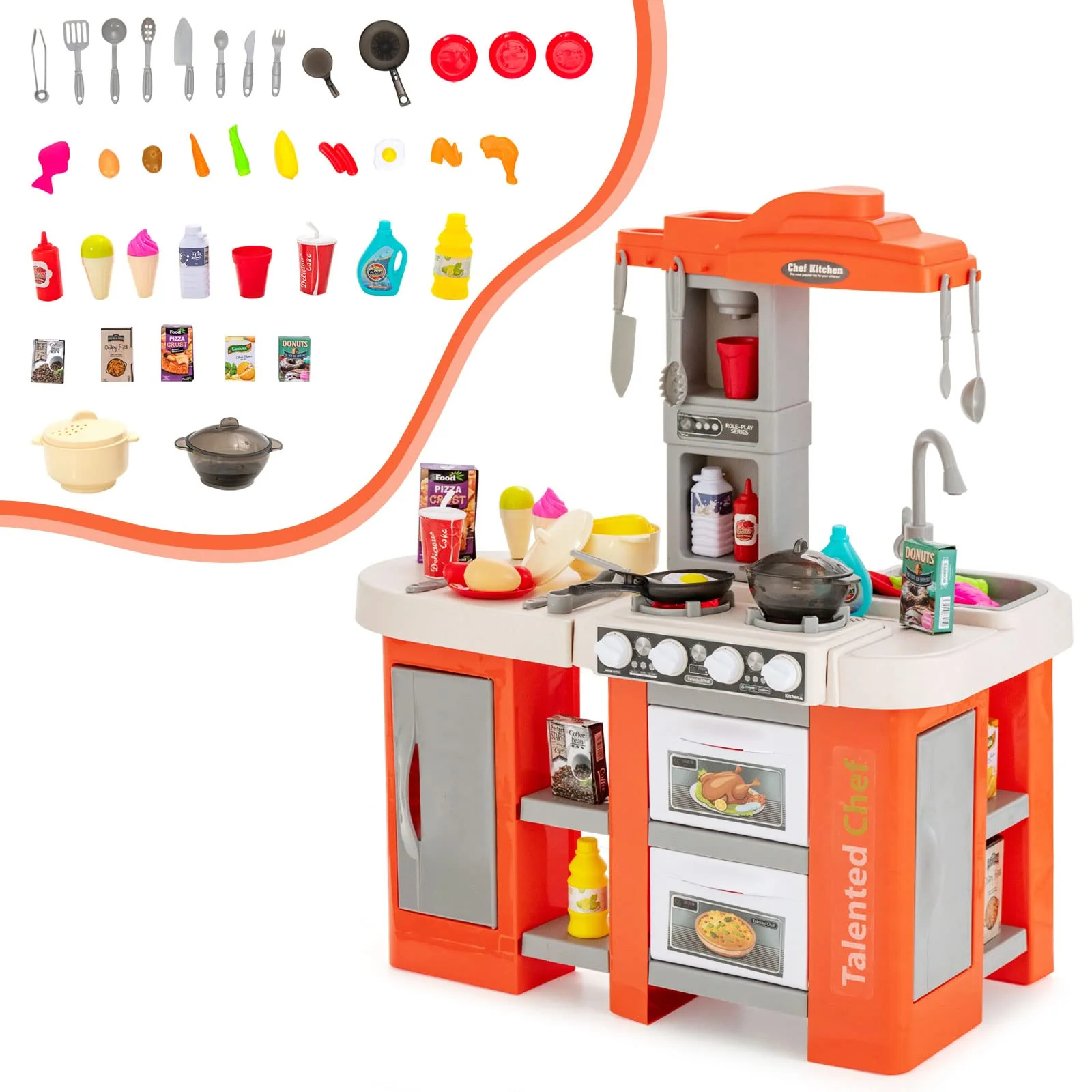 COSTWA Kinderküche mit 67 Zubehör, Spielküche aus Kunststoff mit Wasserpumpfunktion, Licht und Sound
