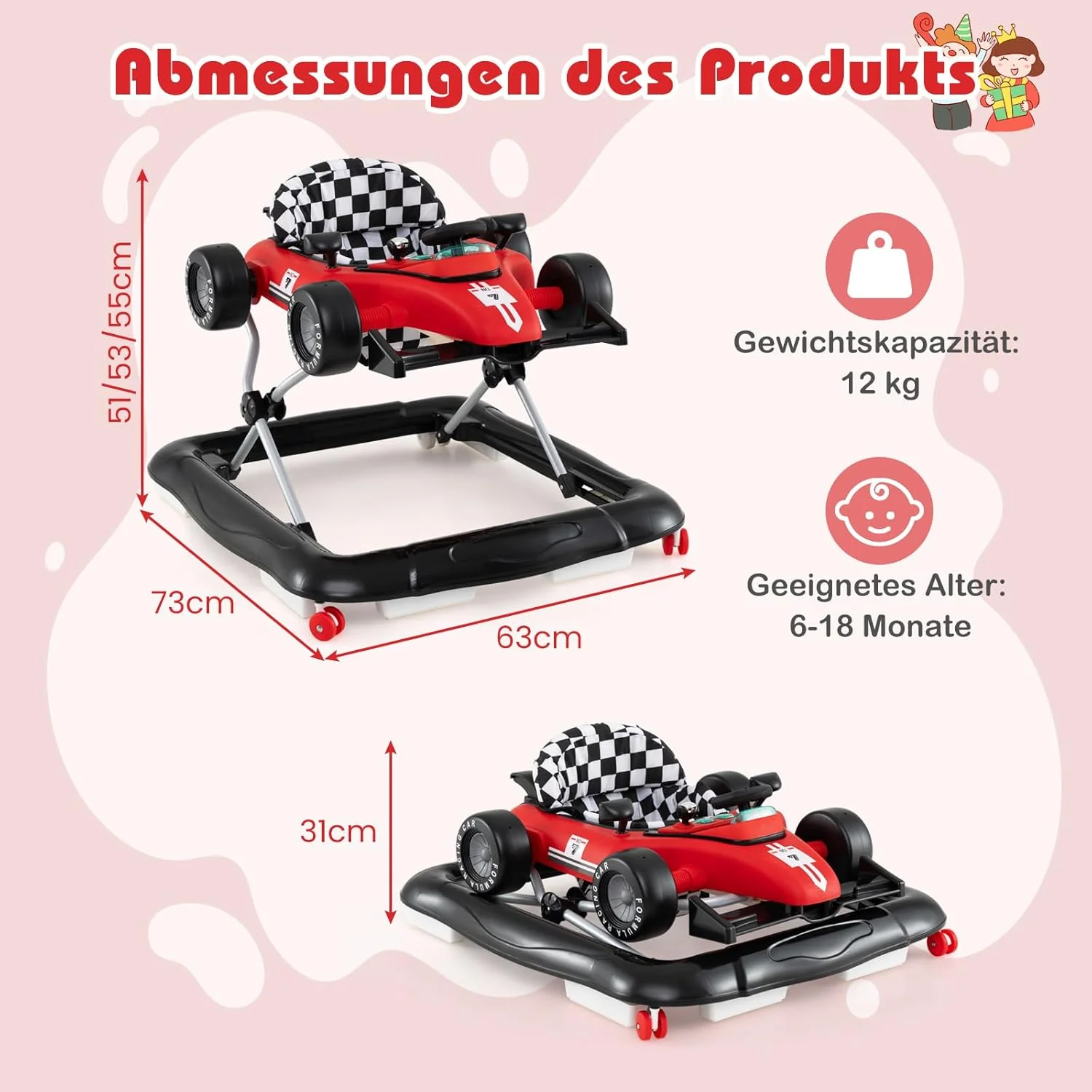 COSTWAY 4 in 1 Lauflernhilfe, Lauflernwagen klappbar mit einstellbarer Höhe, Baby Walker Autoförmig - Image 3