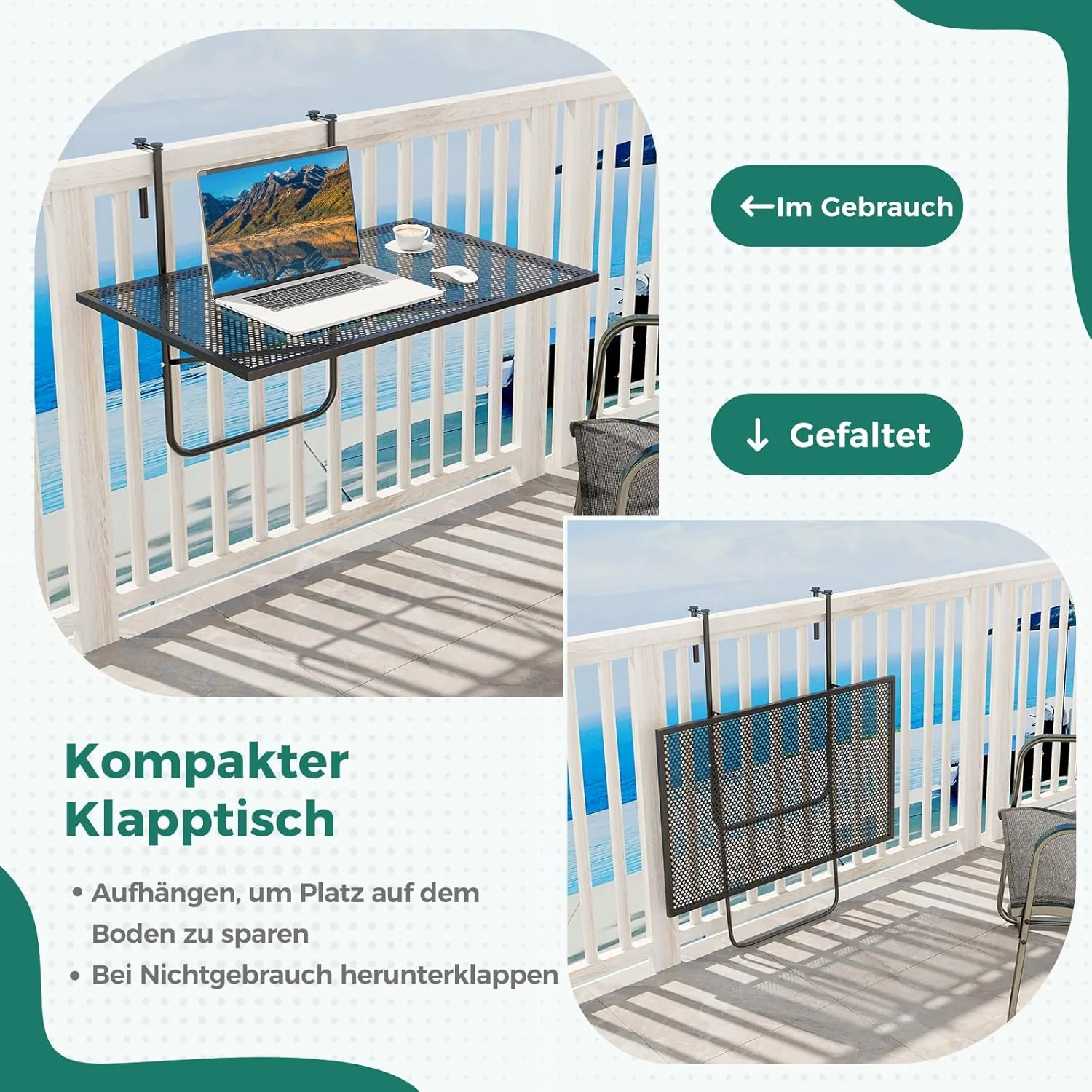 COSTWAY Balkontisch klappbar, Balkonhängetisch zum Einhängen, Klapptisch aus Metall, rechteckiger Hä - Image 4