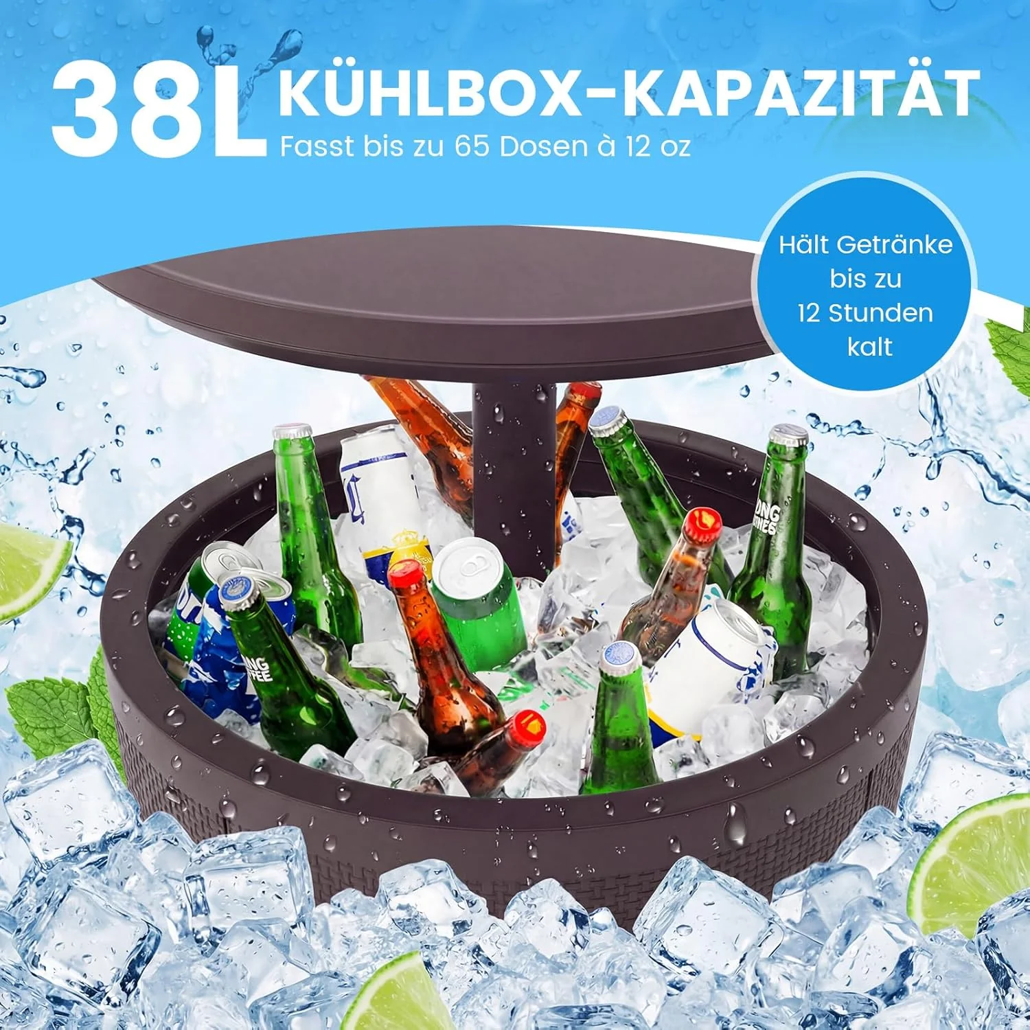 COSTWAY Cool Bar, Kühltisch Outdoor Wetterfest, 38L Beistelltisch mit Hebedeckel, Getränkekühler für - Image 4