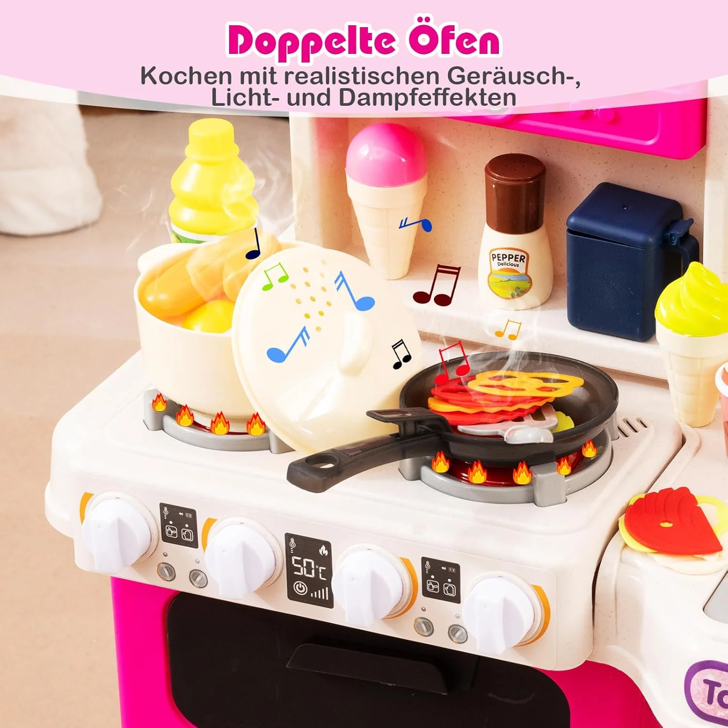 COSTWAY Kinderküche mit 95 Zubehör, Spielküche mit Licht, Sound & Dampf, Kinder Küche mit Kochherd, - Image 5