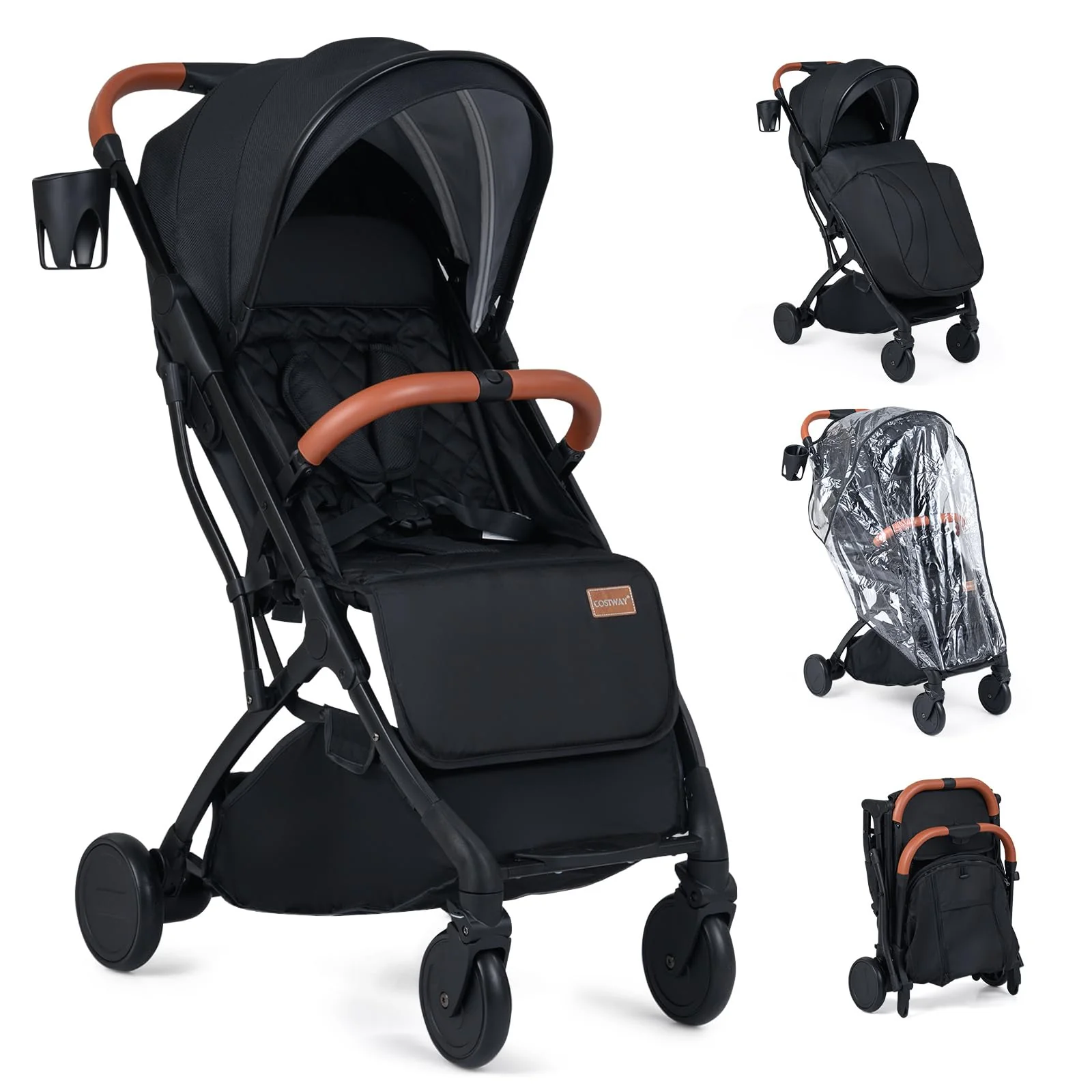COSTWAY Kinderwagen klappbar mit Regenschutz, Reisebuggy mit verstellbarem Rückenlehne, Fussstütze,