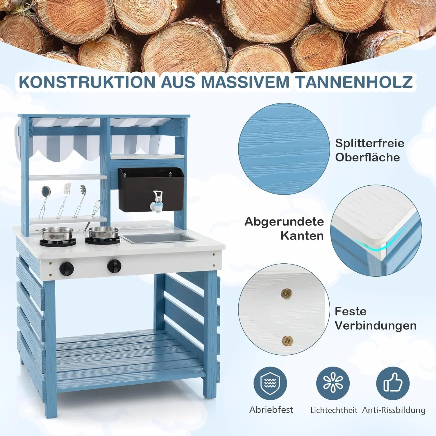 COSTWAY Matschküche Kinder Outdoor, Kinderküche Tannenholz mit Wasserfunktion, Doppelseitige Spielkü - Image 4
