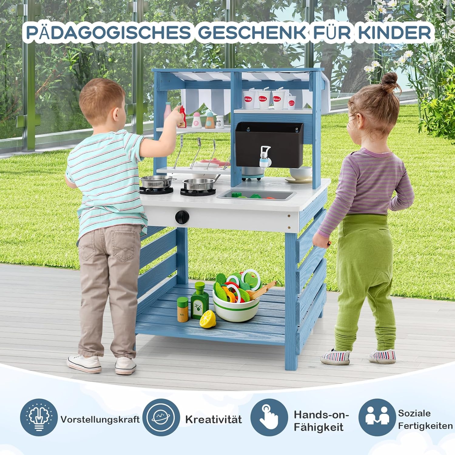 COSTWAY Matschküche Kinder Outdoor, Kinderküche Tannenholz mit Wasserfunktion, Doppelseitige Spielkü - Image 8
