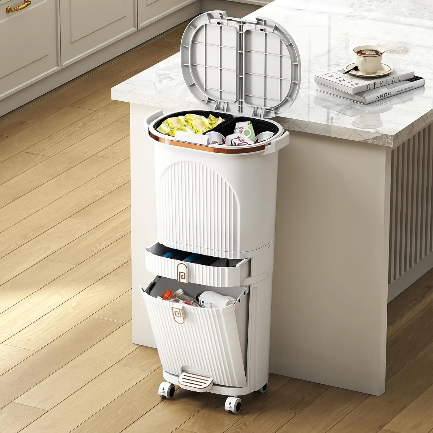 COSTWAY Mülleimer Küche, Mülltrennsystem 3 Fächer, 2 x 12L Inneneimer & 14L Treteimer, Abfalleimer m - Image 2