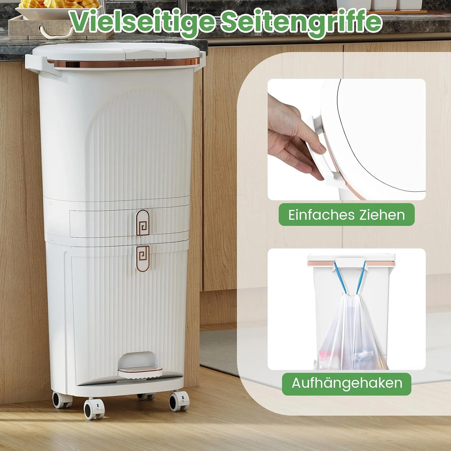 COSTWAY Mülleimer Küche, Mülltrennsystem 3 Fächer, 2 x 12L Inneneimer & 14L Treteimer, Abfalleimer m - Image 7