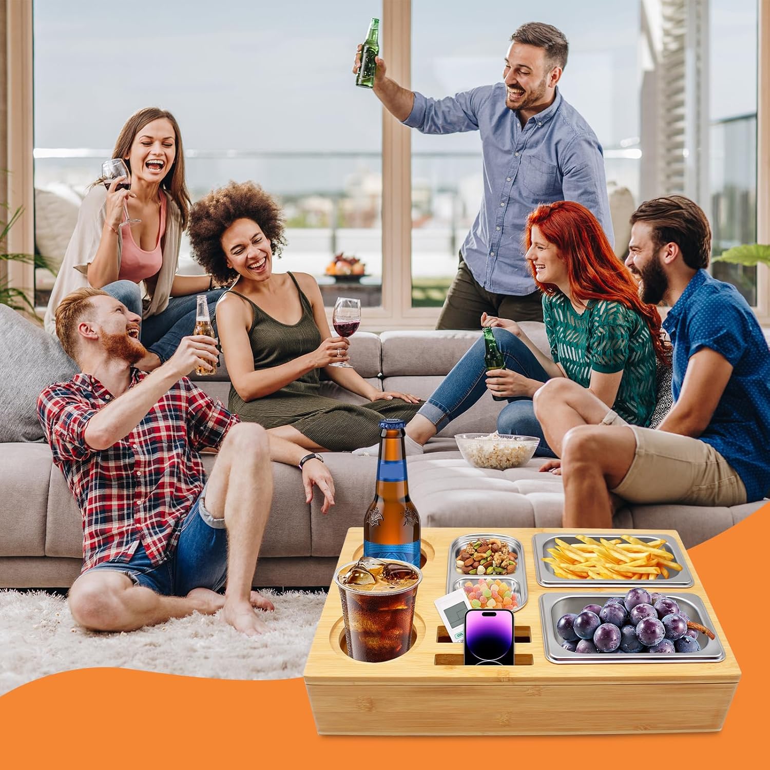 Couchbar Snackbox, Praktischer Sofatablett Snackbox mit Fächern, Abnehmbarer Deckel mit 3 Abnehmbare - Image 5