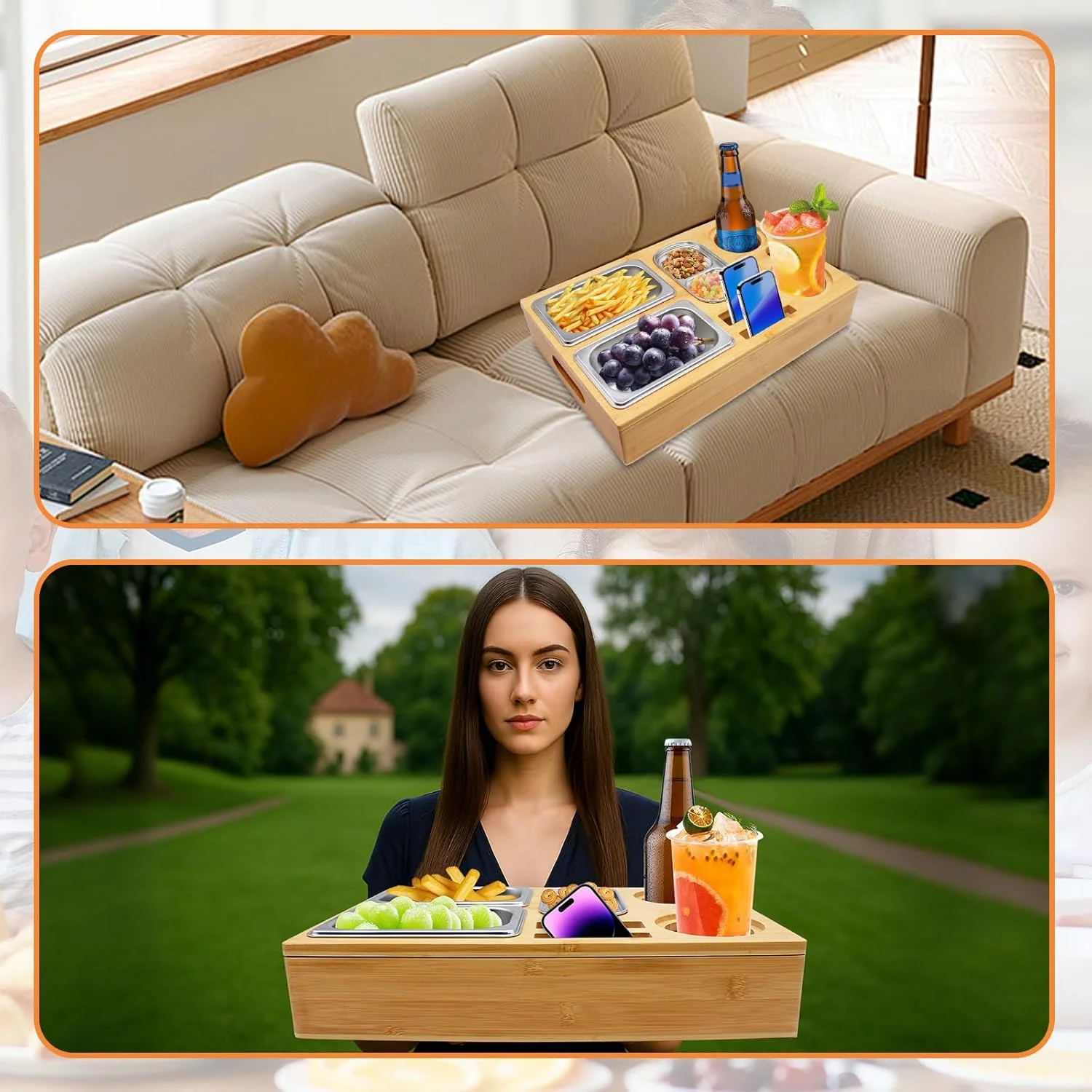 Couchbar Snackbox, Praktischer Sofatablett Snackbox mit Fächern, Abnehmbarer Deckel mit 3 Abnehmbare - Image 6