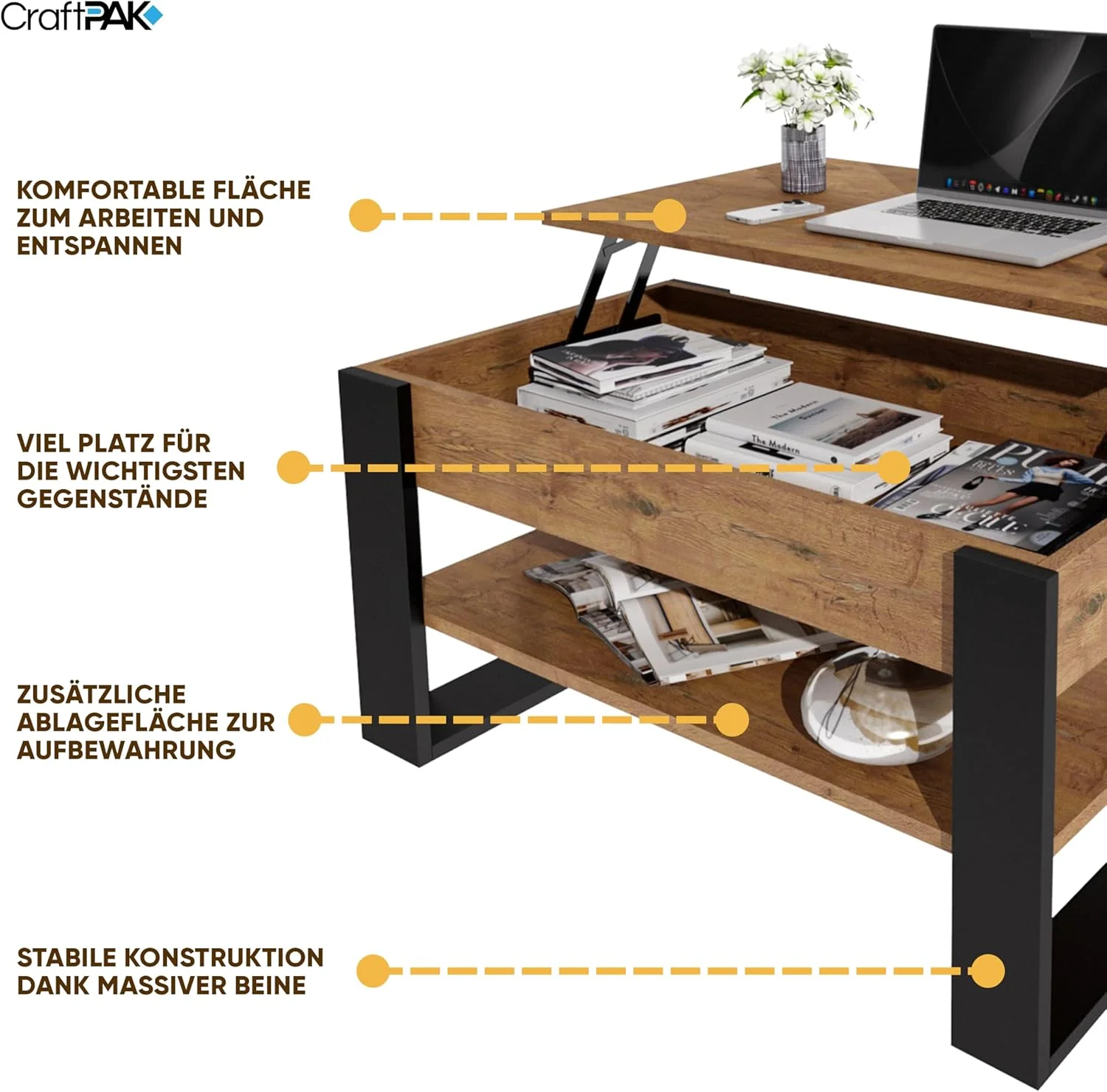 Couchtisch höhenverstellbar mit Stauraum - Couchtische - Wohnzimmertisch klappbar - höhenverstellbar - Image 7