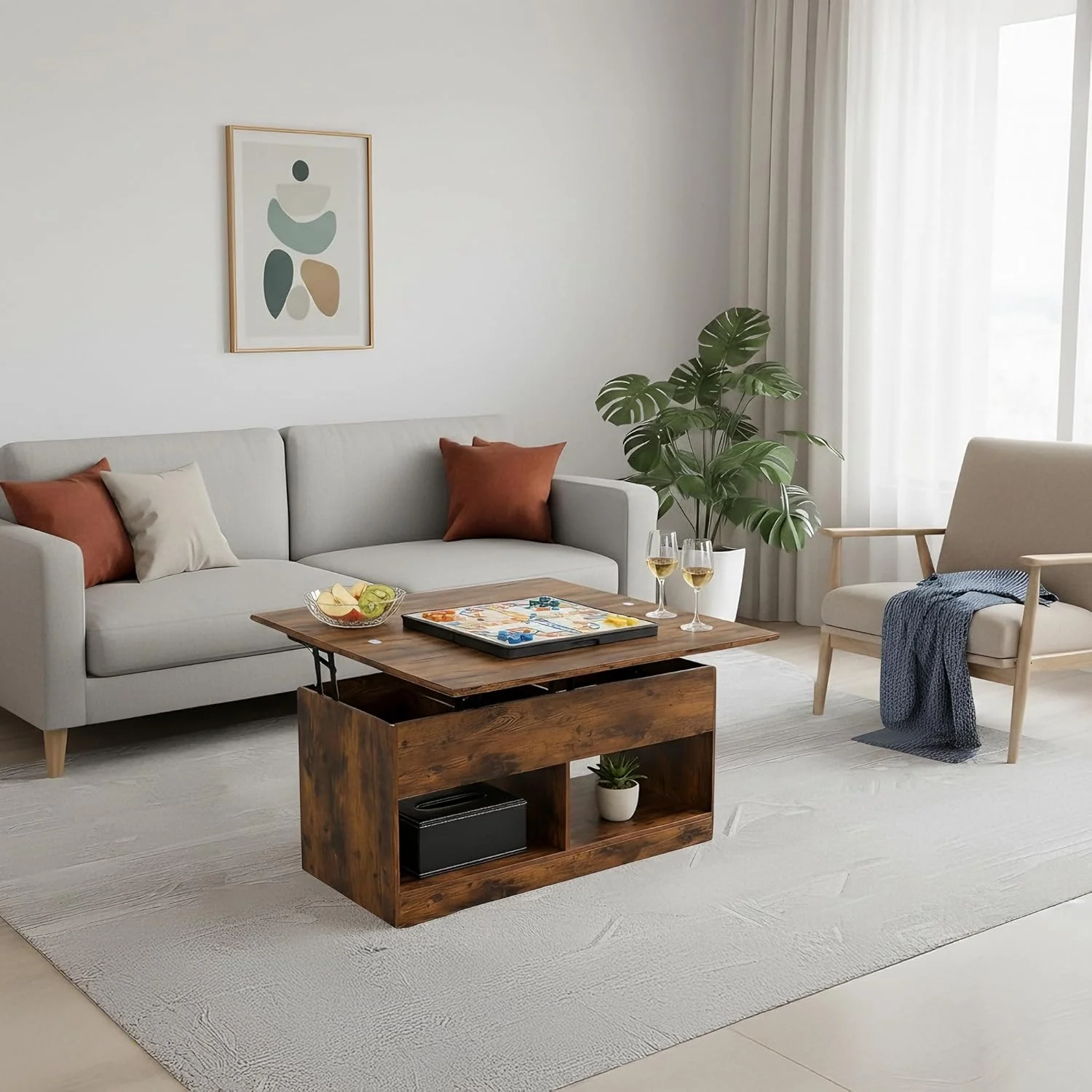 Couchtisch,höhenverstellbarer Wohnzimmertisch,Hebeplatte Kaffeetisch,2 Offenes Fach und Versteckter - Image 6