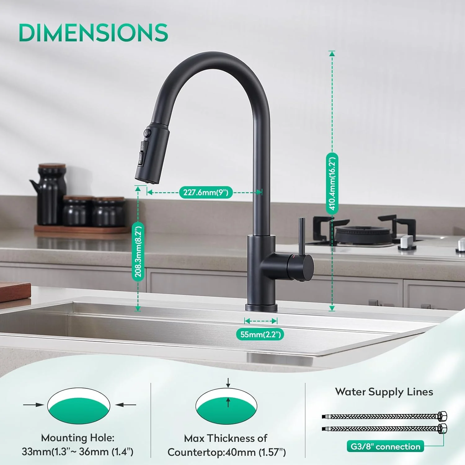 CREA 3 Wege Küchenarmatur mit Brause, Drei Wege Wasserhahn Küche Ausziehbar, 360° Drehbar 3 Wege Mis - Image 7