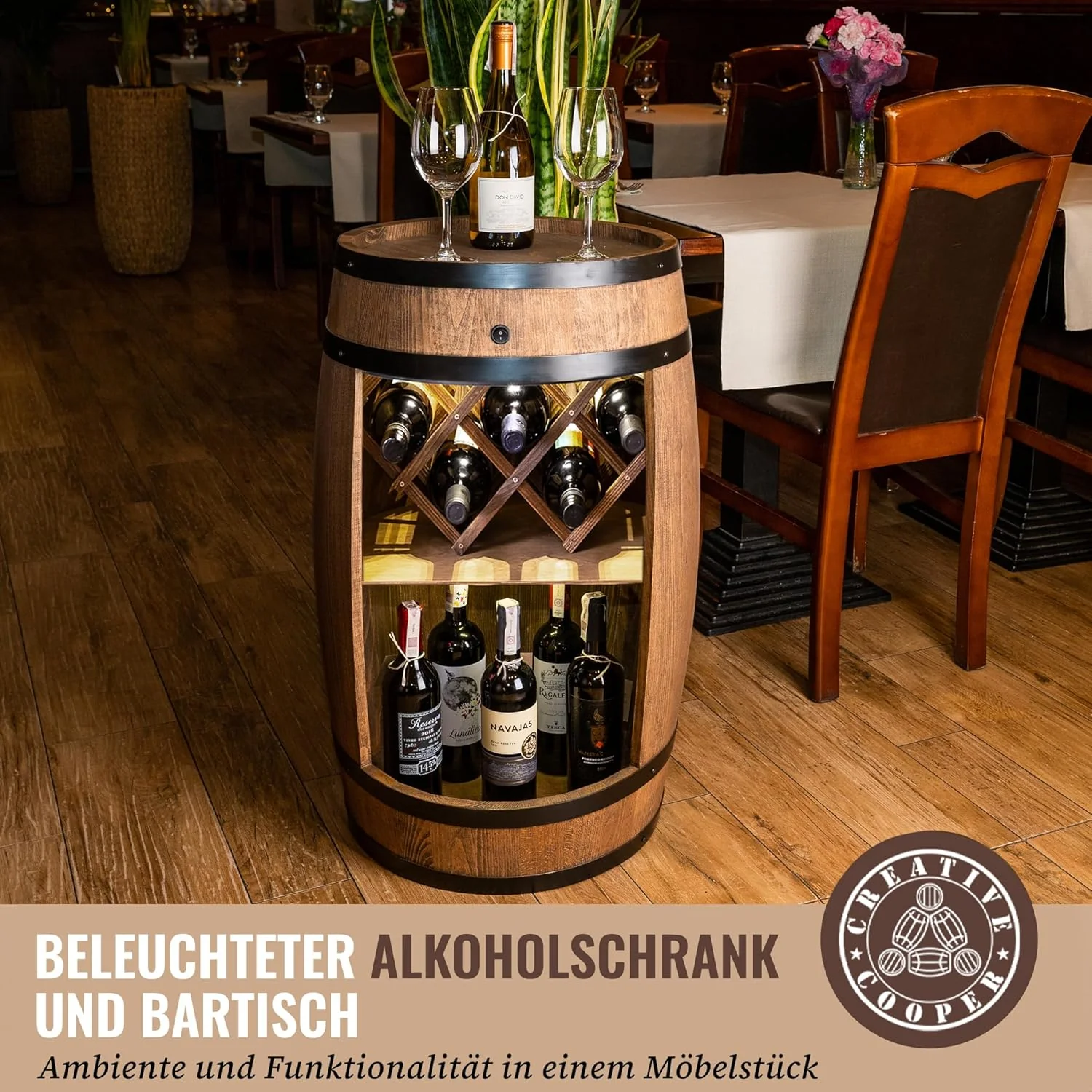 CREATIVE COOPER Fassbar mit Weinhalter und LED - Weinregal - Holzfass Hausbar 80cm - Rustikaler deko - Image 4