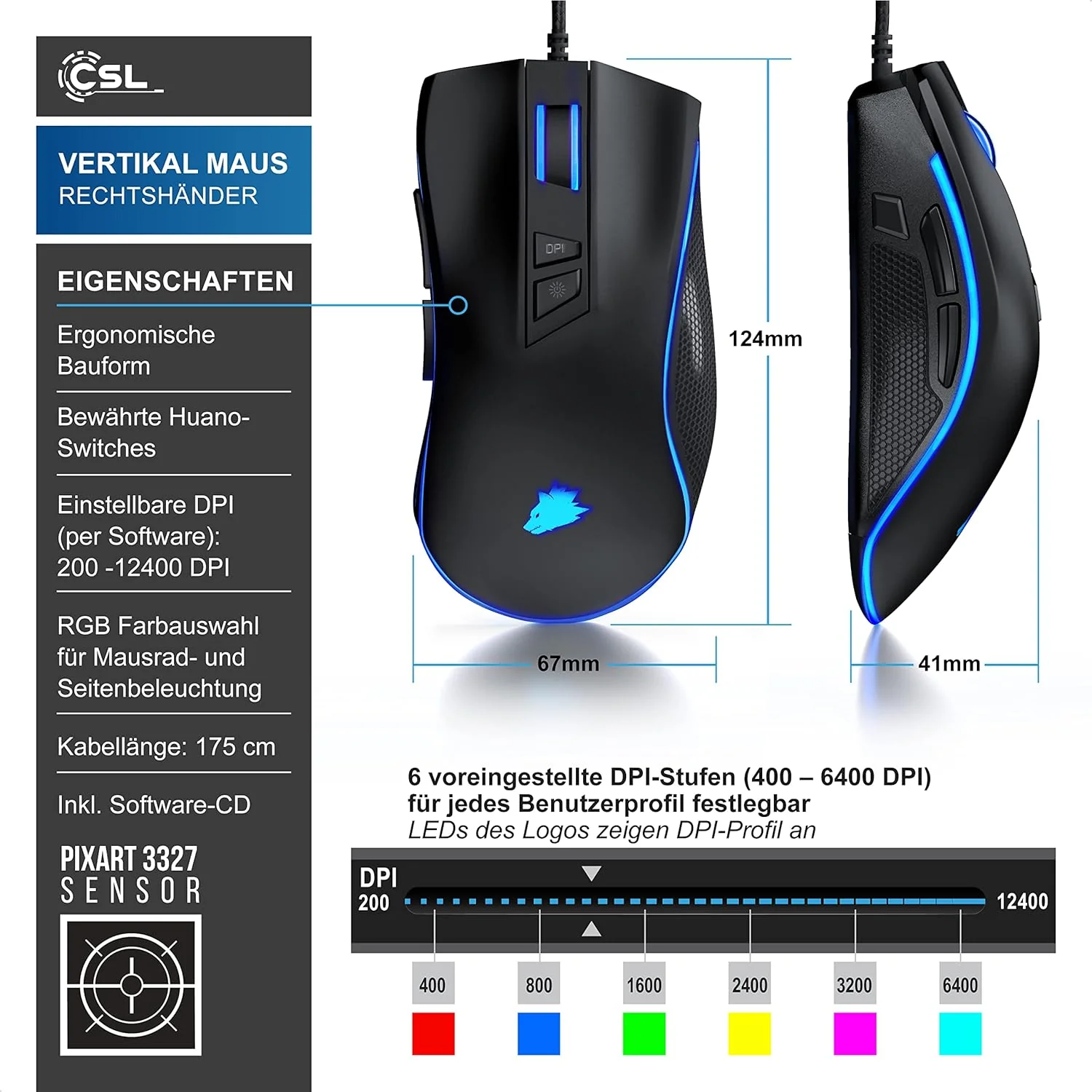 CSL-Computer TITANWOLF - Gaming Maus 12400 DPI mit RGB Beleuchtung, 8 programmierbare Tasten, Ergono - Image 2