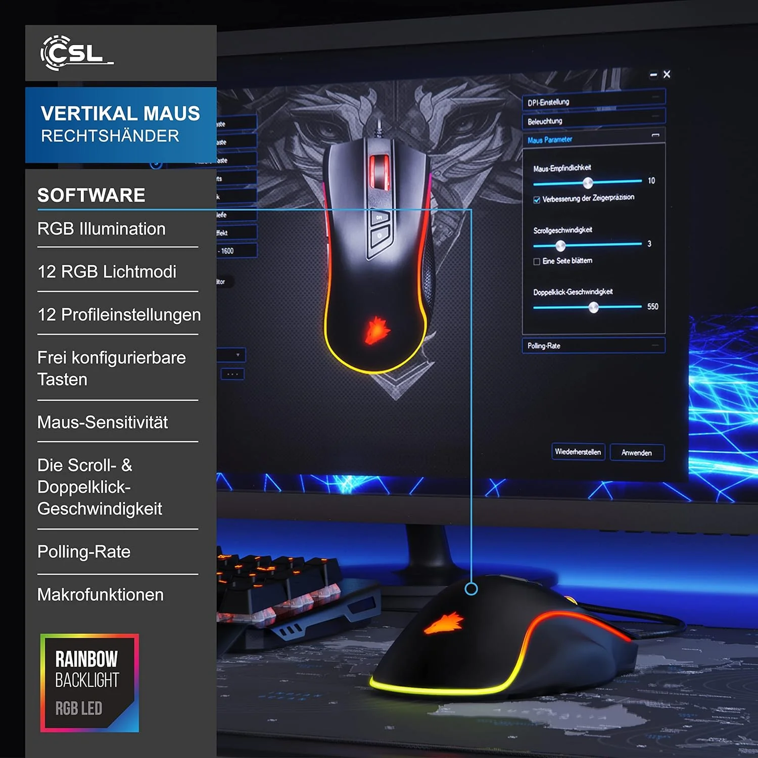 CSL-Computer TITANWOLF - Gaming Maus 12400 DPI mit RGB Beleuchtung, 8 programmierbare Tasten, Ergono - Image 4