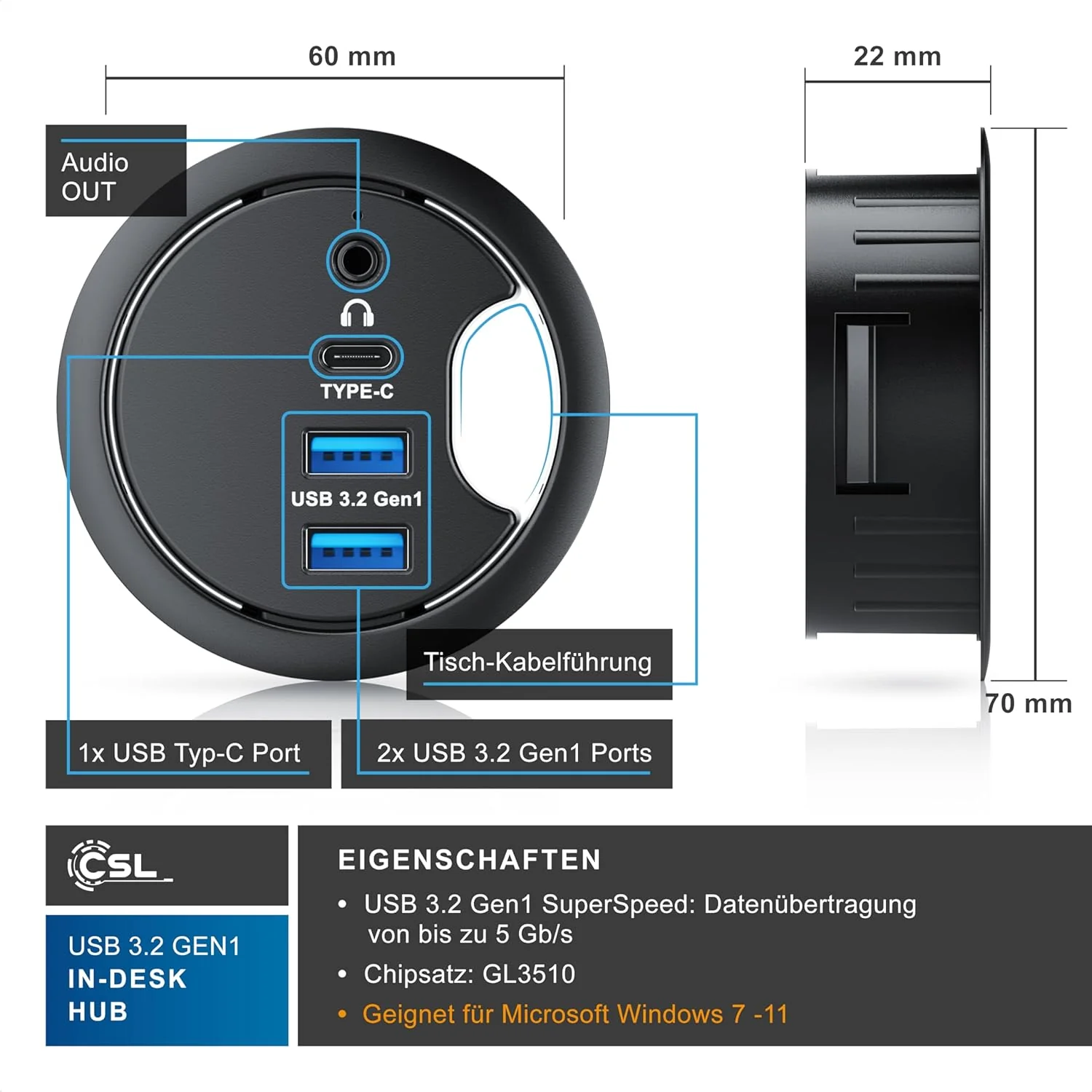 CSL - USB 3.2 In-Desk USB Hub - Tisch Kabeldurchführung - Tischkabeldose - 2 x USB 3.2 – 1 x USB C 3 - Image 2