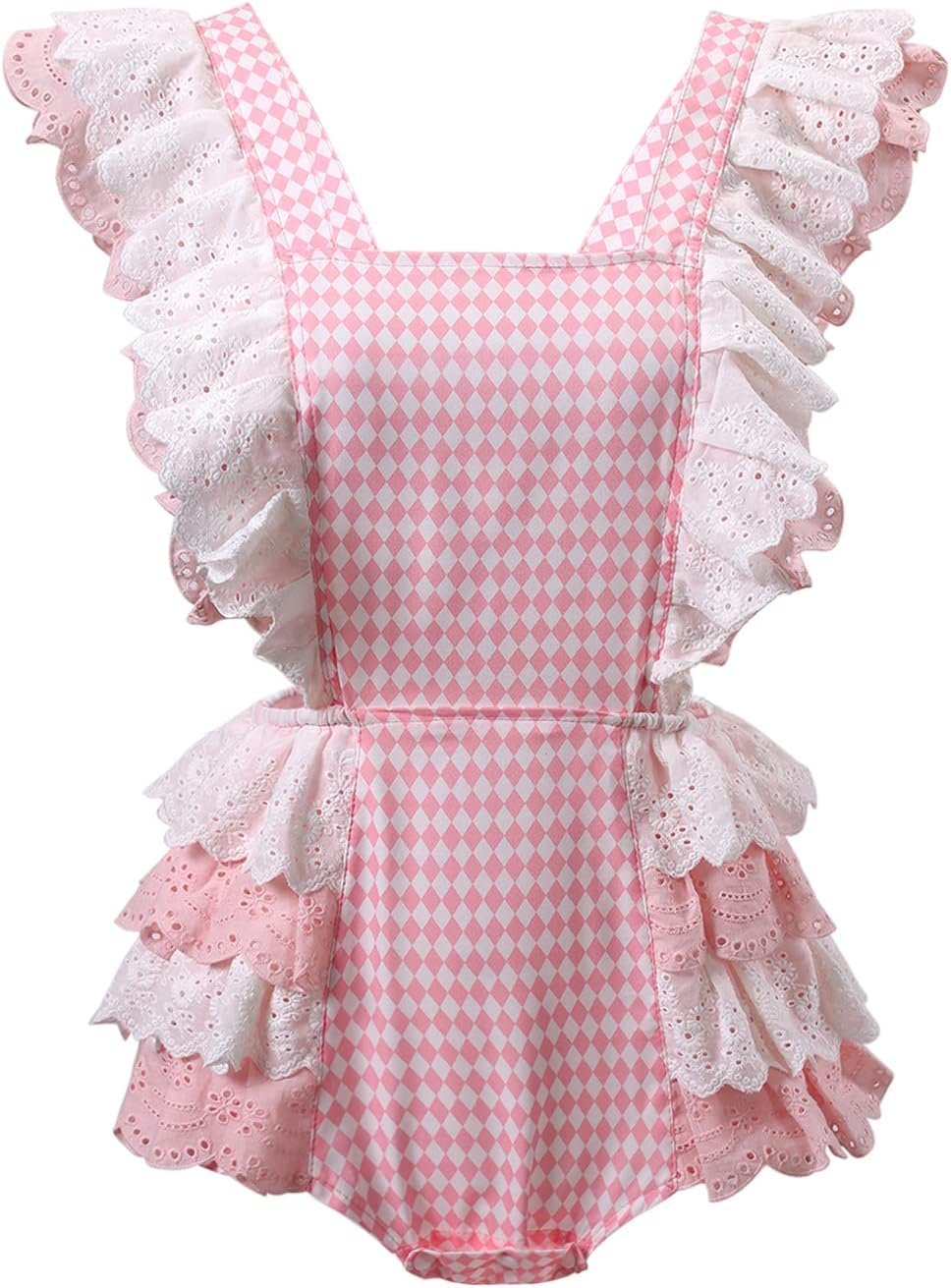 CutiePlusU Damen Karierter Spitze Overall Romper Rosa M Rosa, M Rosa - Image 4