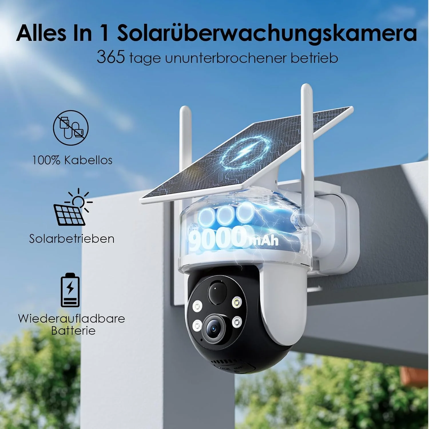CZEview Alles in 1 Überwachungskamera Aussen Akku Solar, 2K, 100% Kabellos, 360° PTZ Kamera Überwach - Image 3