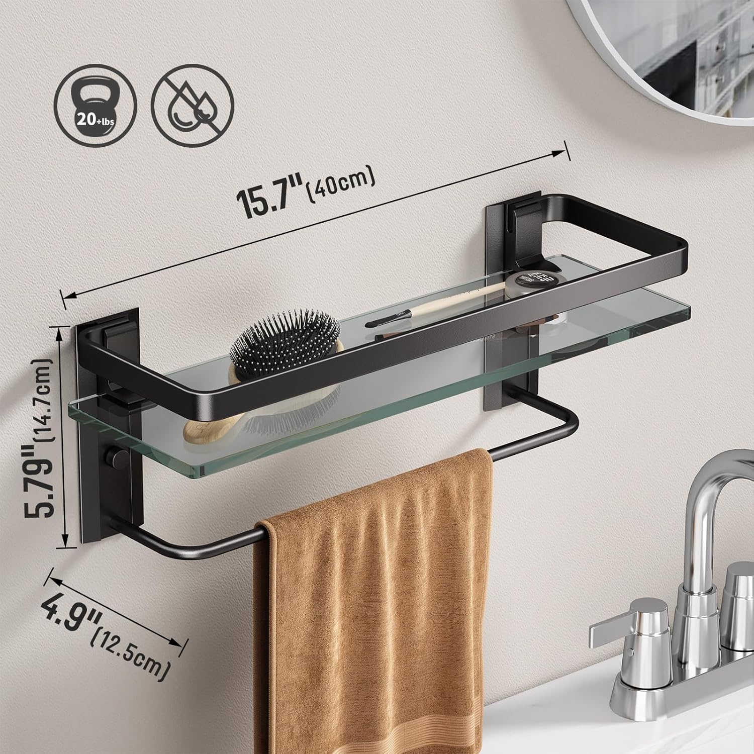 Danpoo Badezimmer Wandregal mit Handtuchstange, klares gehärtetes Glas, Handtuchhalter (mattschwarz) - Image 3