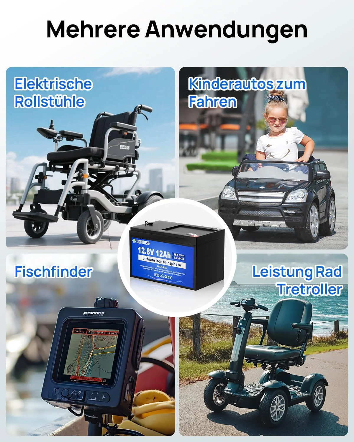 DCHOUSE 12V 12AH LiFePO4 Lithium Batterie mit 15A BMS, 10 Jahre Lebensdauer, 10000+ Zyklen, für Mari - Image 7