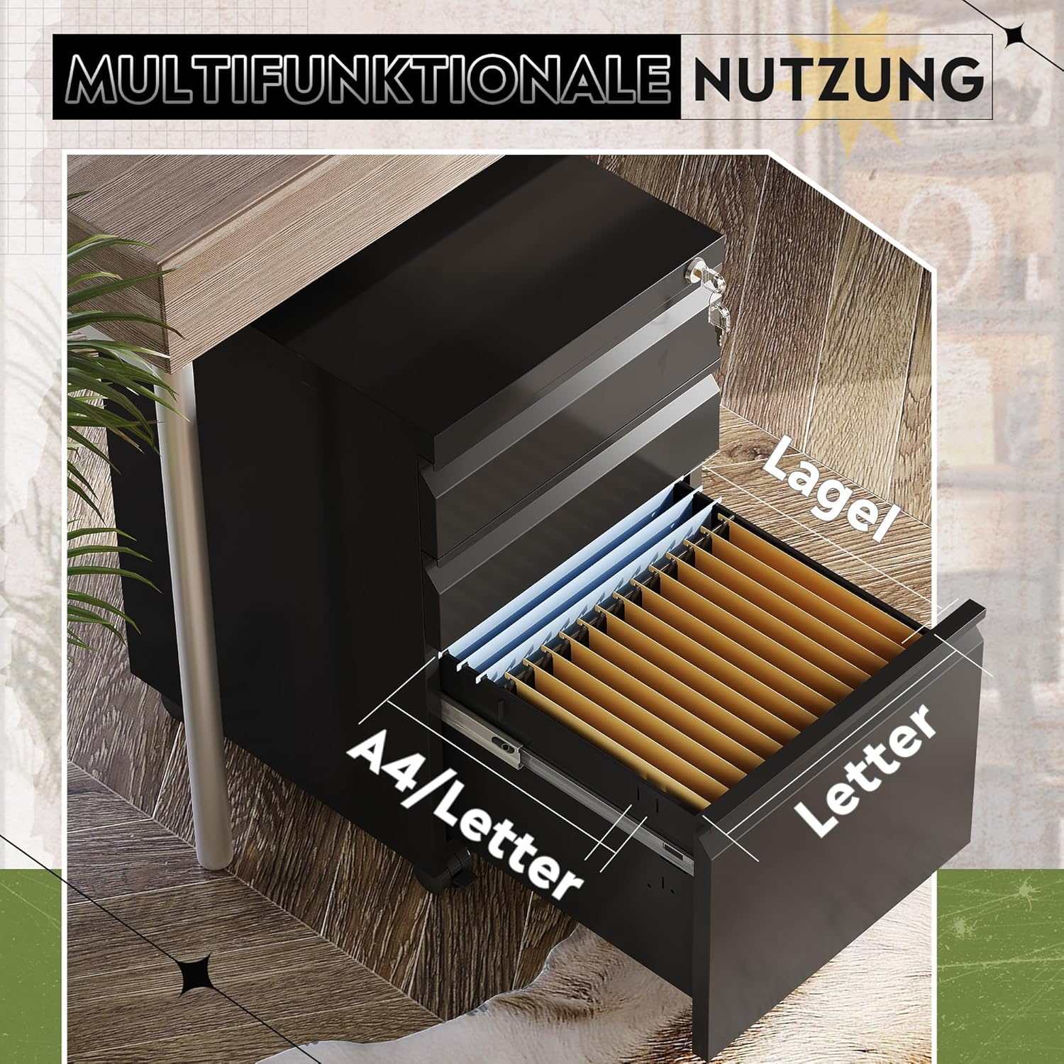 DEVAISE Rollcontainer mit 3 Schubladen, Metall Mobiler Aktenschrank mit Rollen, Druckertisch für DIN - Image 4