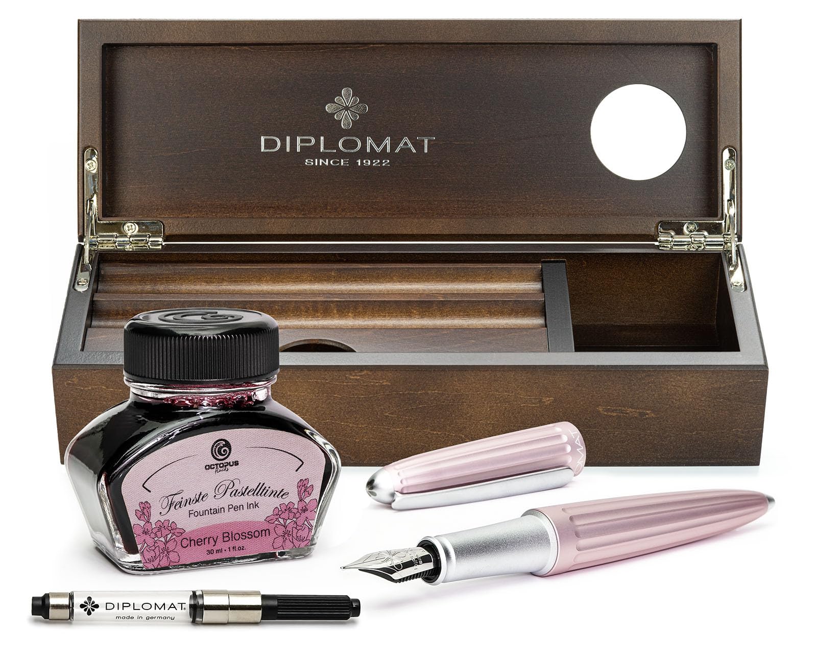 Diplomat Aero Füllhalter Set in antique rose mit Edelstahlfeder M und farblich perfekt passender Fül