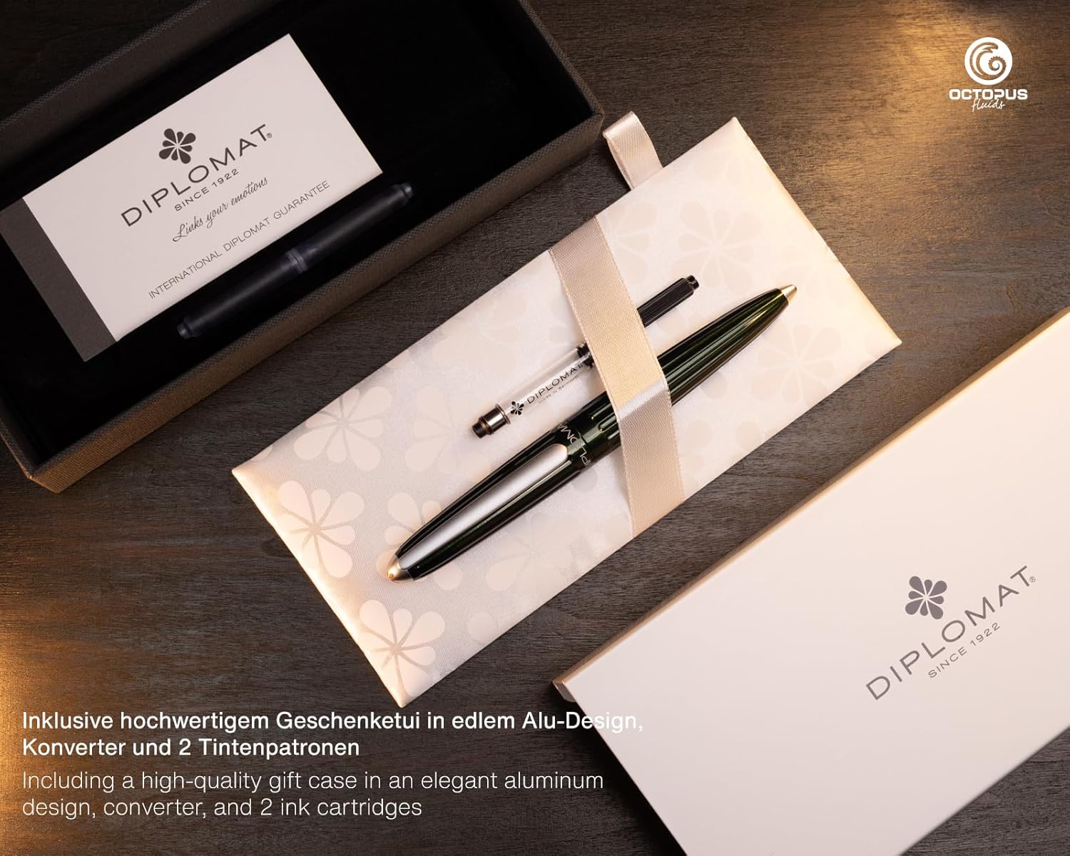 Diplomat Aero Füllhalter Set in Evergreen mit Edelstahlfeder M und Füllertinte Königsblau im Tinteng - Image 7