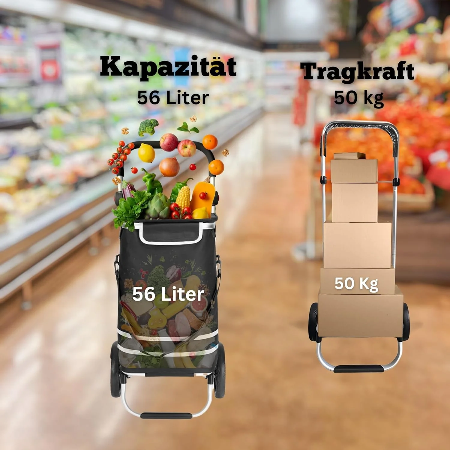 DIVID® Einkaufstrolley mit integrierter Sackkarre, 56LFassungsvermögen bis zu 50Kg belastbar,Klappba - Image 5